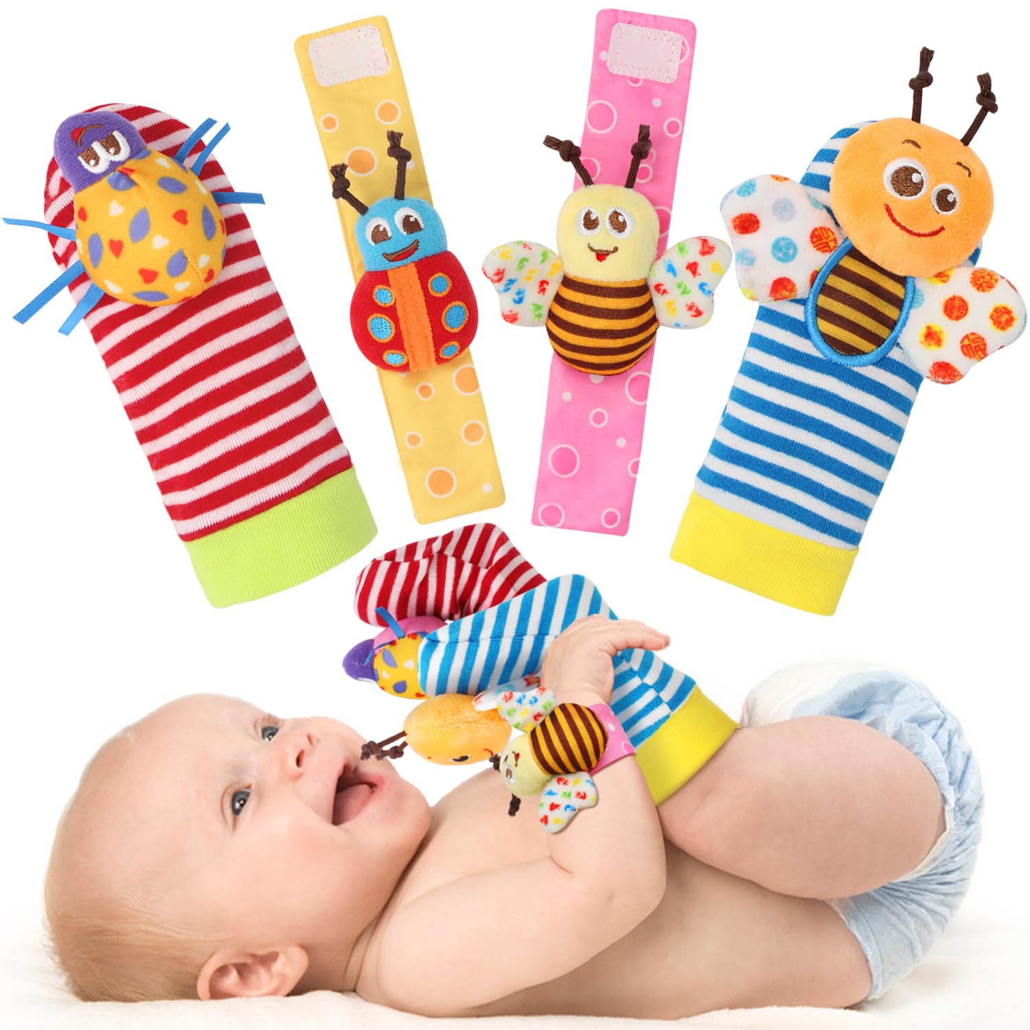 Bloobloomax Baby Rattles Toys for 0-12 Months - Soft Infant Sensory Toys for Newborns 0-9 Months - Hand & Foot Rattles with Wrist Socks - Perfect Baby Shower Gift Set for Boys & Girls - Great for Tummy Time & Early Development Play