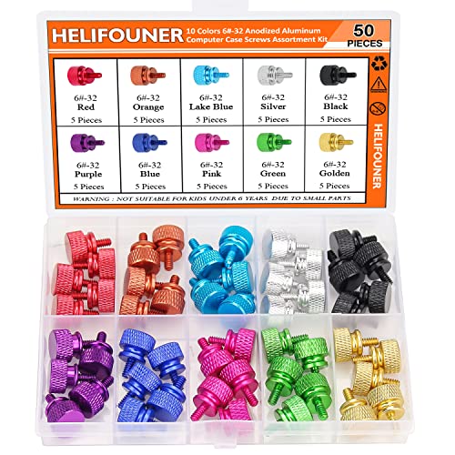 HELIFOUNER 50-Piece 6-32 Thread Anodized Aluminum Thumb Screws Kit - Computer Case, Cover, Power Supply & Hard Drive Fasteners for PC Building and Hardware Maintenance