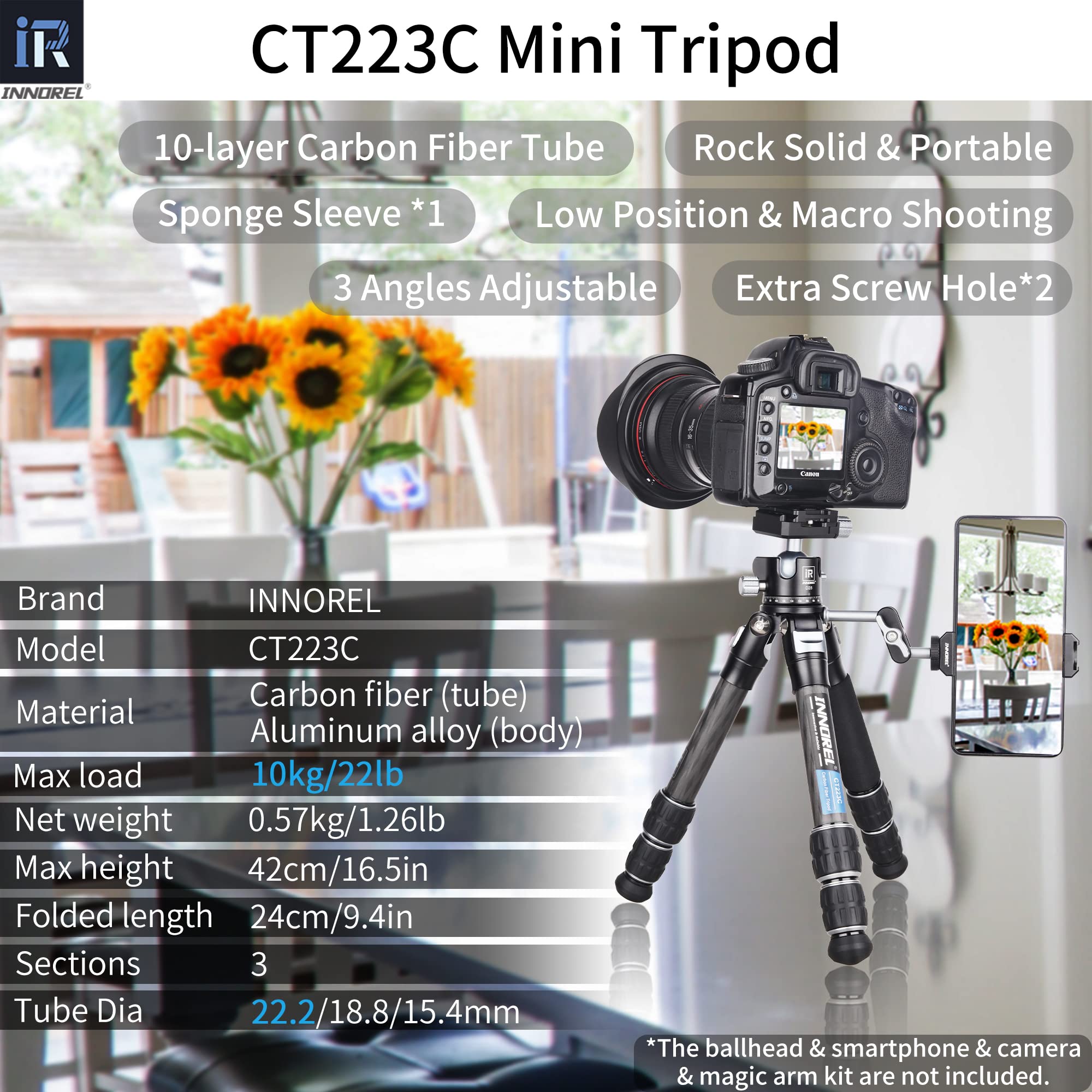 INNOREL 10-Layer Carbon Fiber Mini Tripod CT223C - Compact Lightweight Desktop Tripod for DSLR & Mirrorless Cameras, Low Angle Macro Shooting, Max Load 22lb/10kg - Perfect for Travel, Vlogging & Tabletop Photography
