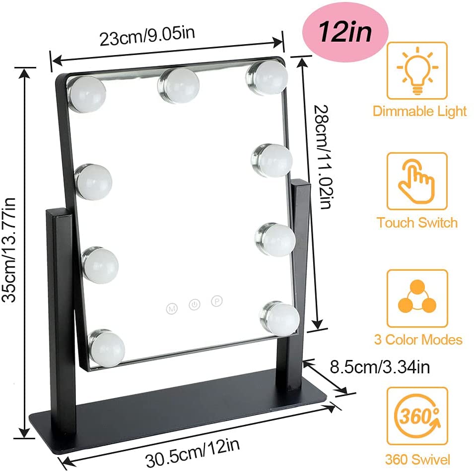 Hollywood Vanity Mirror with LED Lights - 14x12 Inch Makeup Mirror with 9 Dimmable Bulbs, Touch Control, 3 Lighting Modes, 10X Magnification & 360° Rotation - Perfect for Makeup, Skincare & Hairstyling (Black, 35x30 cm)
