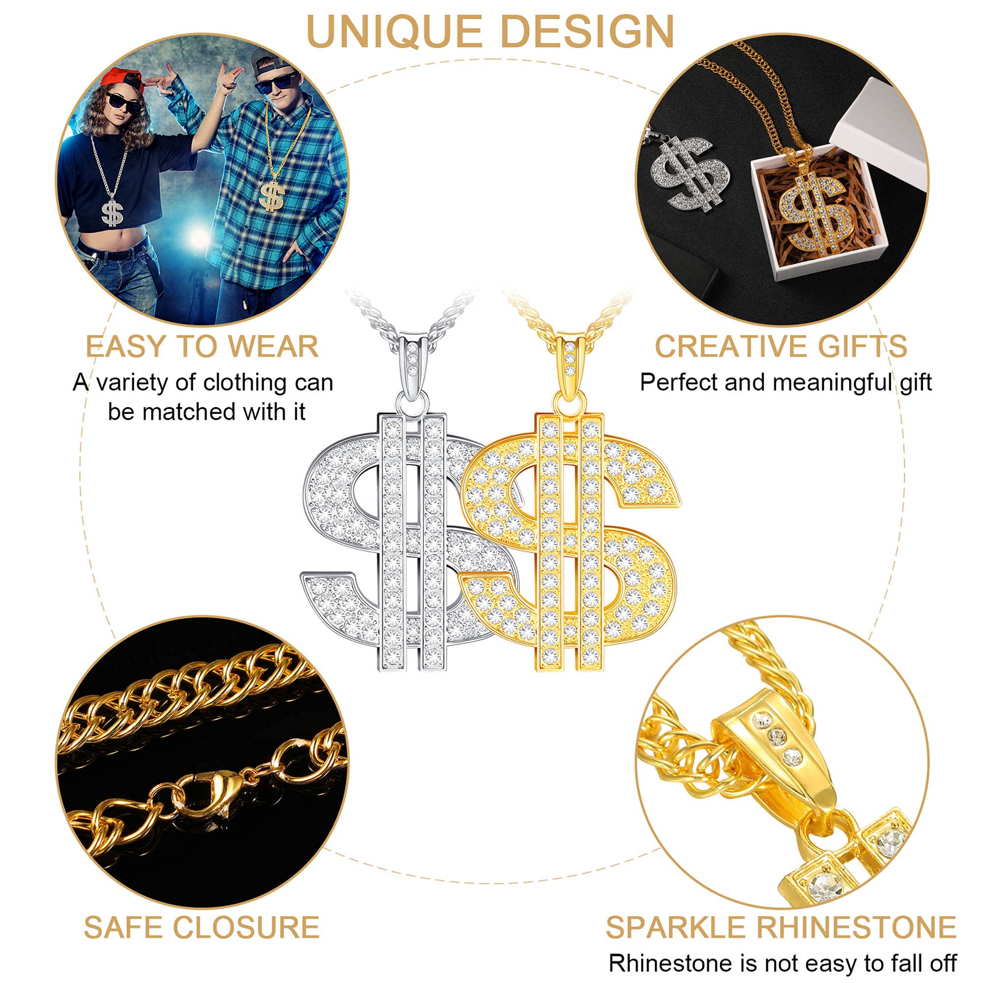 Tatuo 2-Piece Gold Plated Chain Necklace Set for Men - Hip Hop Dollar Sign Pendant Jewelry | Perfect for Streetwear, Rap Concerts & Gift Giving
