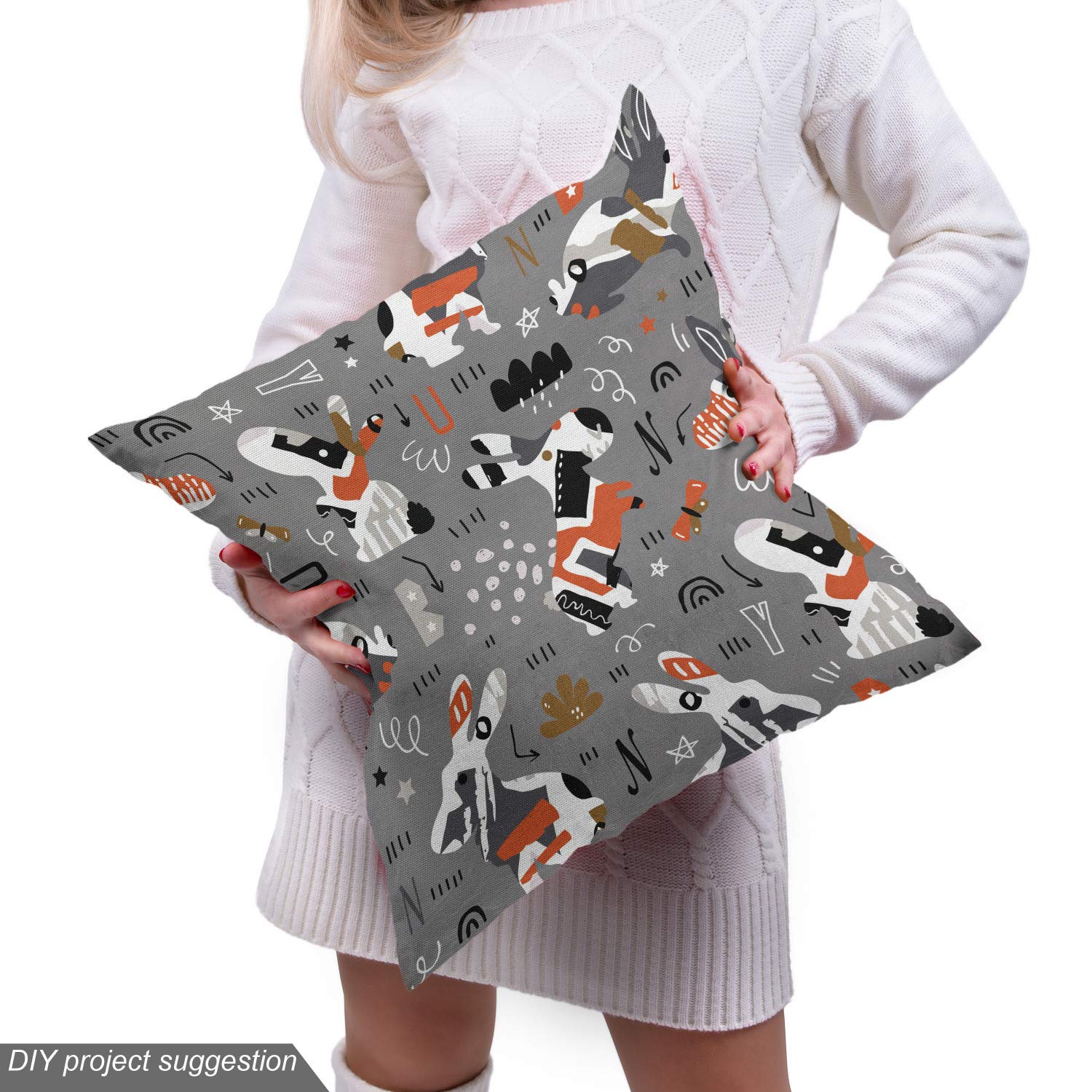 Ambesonne Abstract Fabric by The Yard - Funny Easter Rabbit Cartoon Bunny Art Doodle Forest Print - Decorative Upholstery Fabric for Sofa, Curtains & Home Decor - 10 Yards - Grey Rust Chocolate - Perfect for Easter Decorations & Spring Home Accents