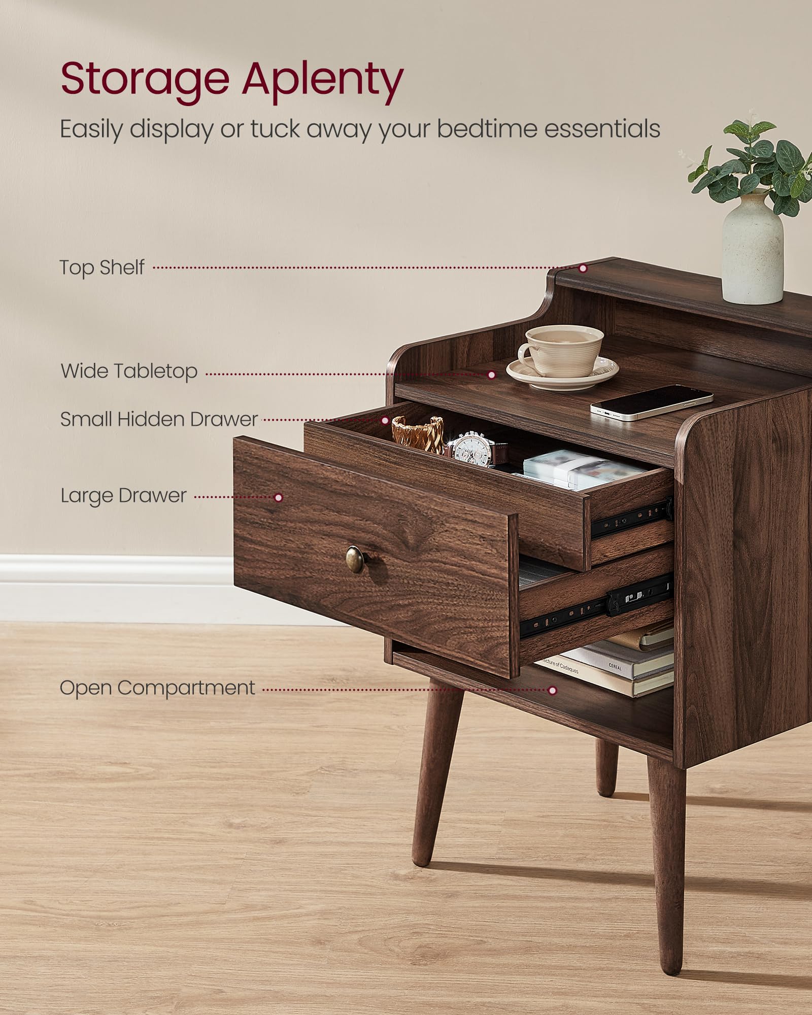 VASAGLE Mid-Century Nightstand Set of 2 with Hidden Drawers - Solid Wood Legs Bedside Tables for Bedroom, Living Room - Natural Walnut Finish ULET624K01 | Perfect for Small Spaces, Apartment Furniture & Modern Home Decor