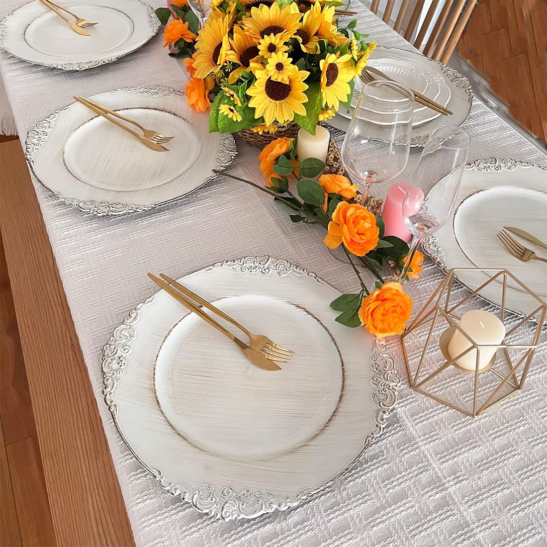 Antique White 13 Inch Embossed Plastic Charger Plates - Set of 6 Elegant Dinner Plate Chargers for Weddings, Parties & Table Decor | Perfect for Formal Dining, Holiday Entertaining & Special Occasions