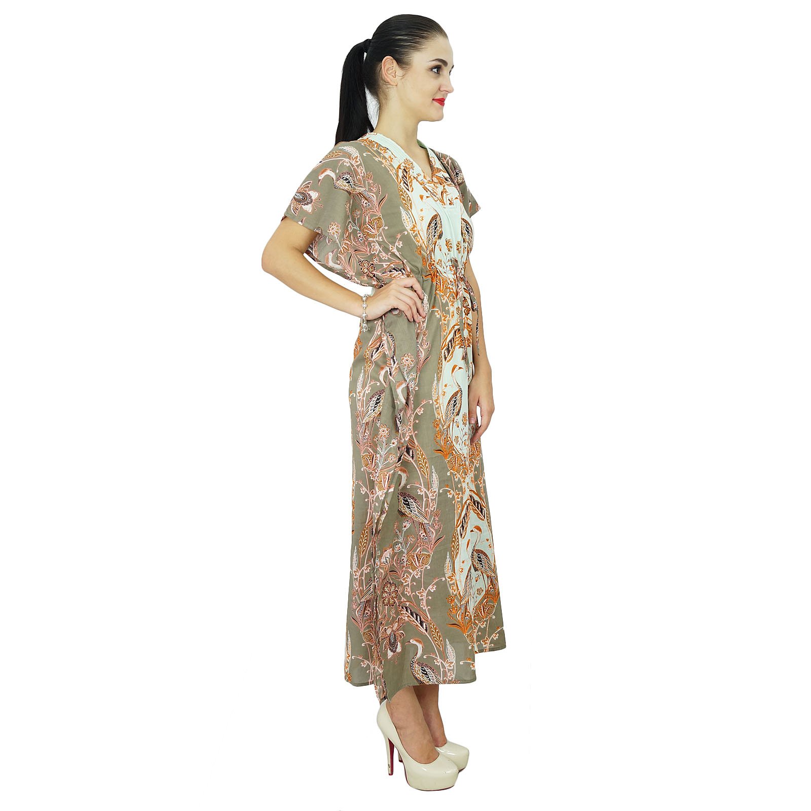 Bimba Women's Printed Long Cotton Kaftan Dress - Kimono Sleeve Beach Cover Up | Boho Maxi Dress for Summer Vacation, Poolside Lounging & Resort Wear