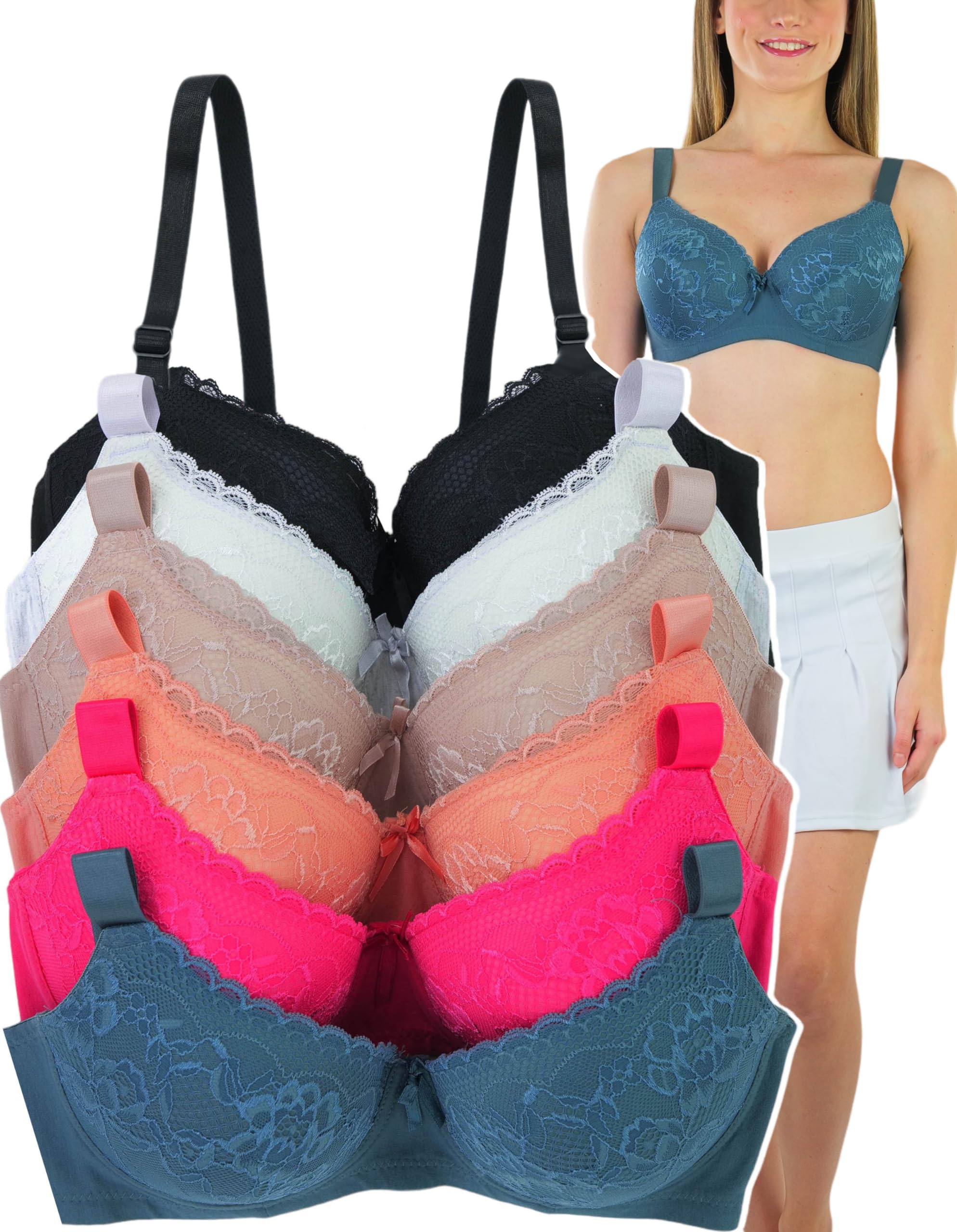 ToBeInStyle Women's Pack of 6 Comfortable Underwire Padded Bras - Supportive & Lift Everyday T-Shirt Bra for Work, Yoga & Lounge Wear