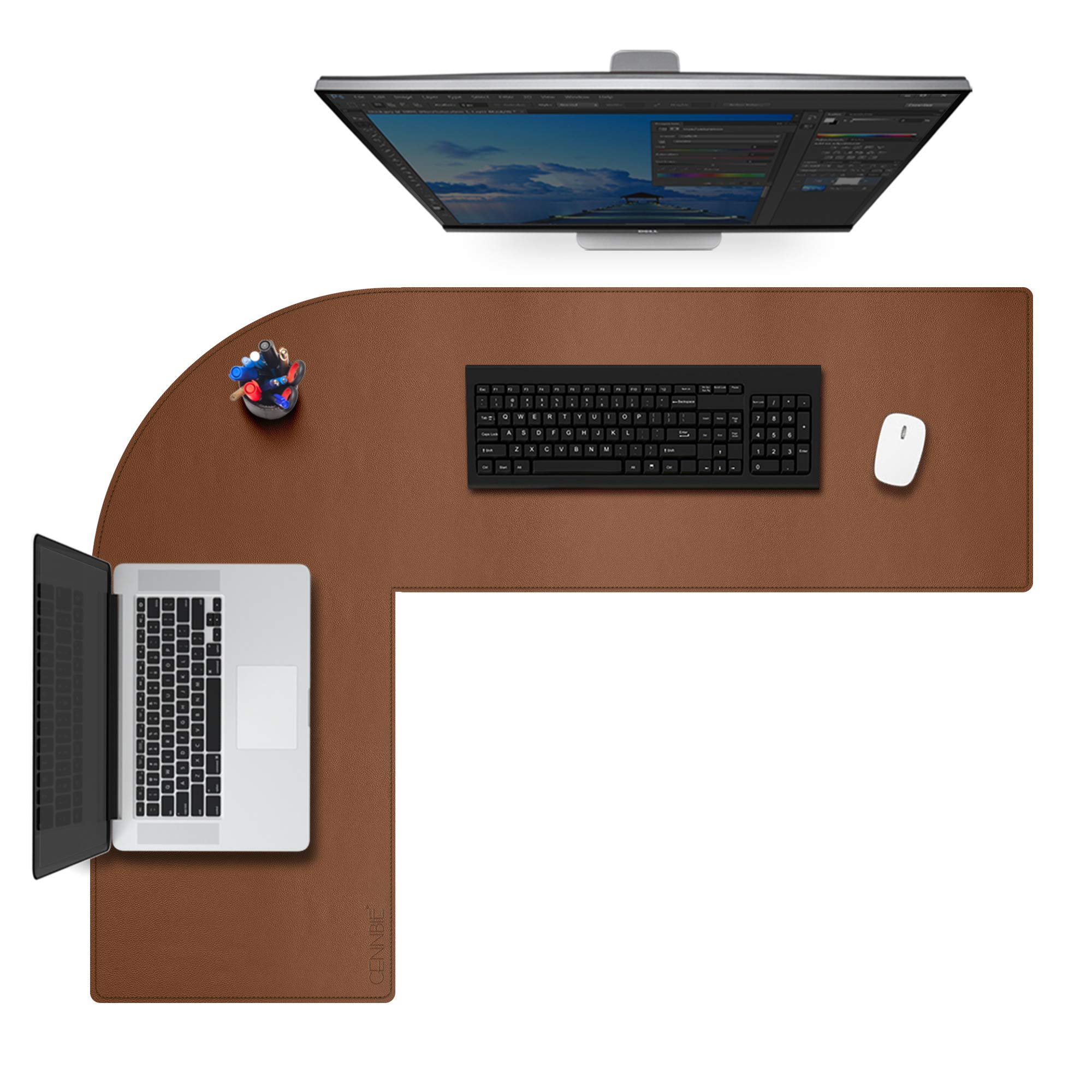 L Shaped Desk Pad - 43x51 Inch Leather Gaming Mat for Home Office & Gaming (Brown)