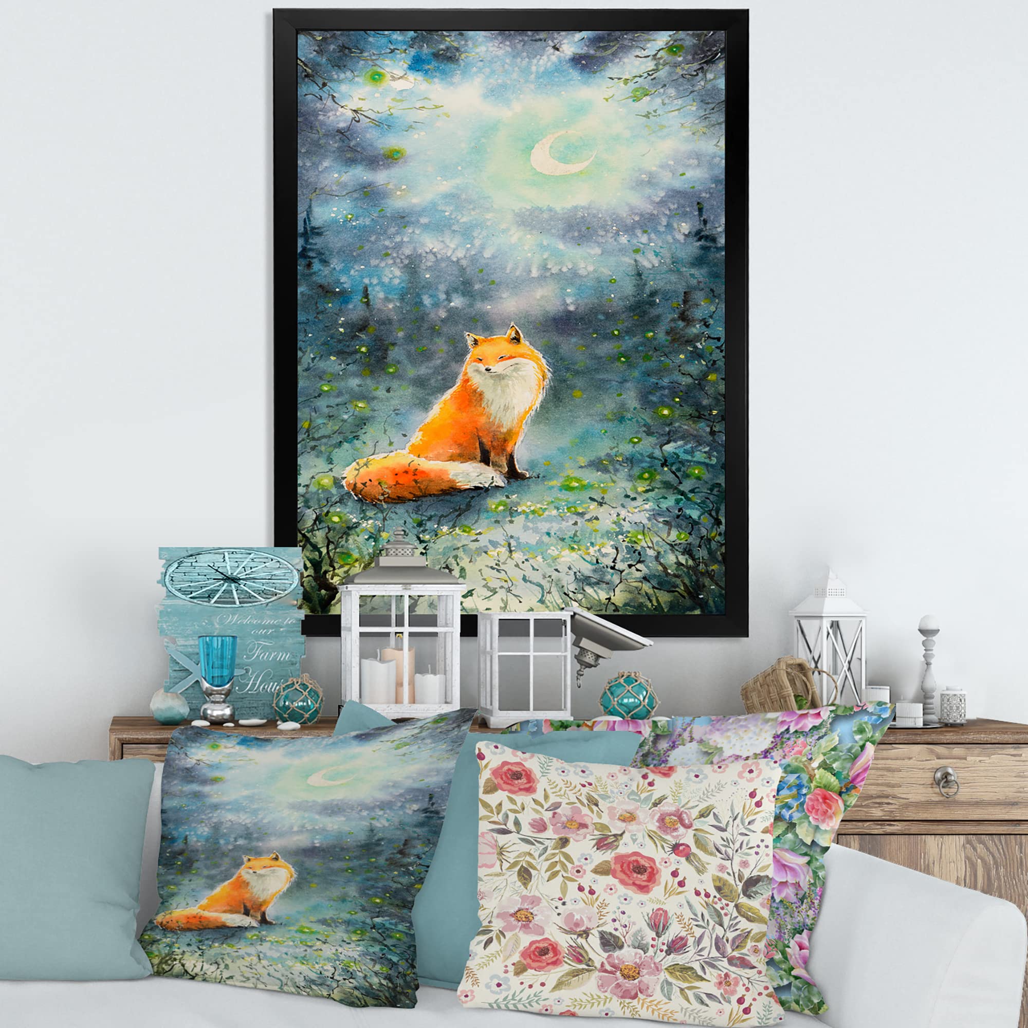 Fox Over a Night Sky - Children's Art Framed Wall Decor for Nursery, Kids Room & Playroom - Whimsical Animal Painting for Bedroom & Classroom