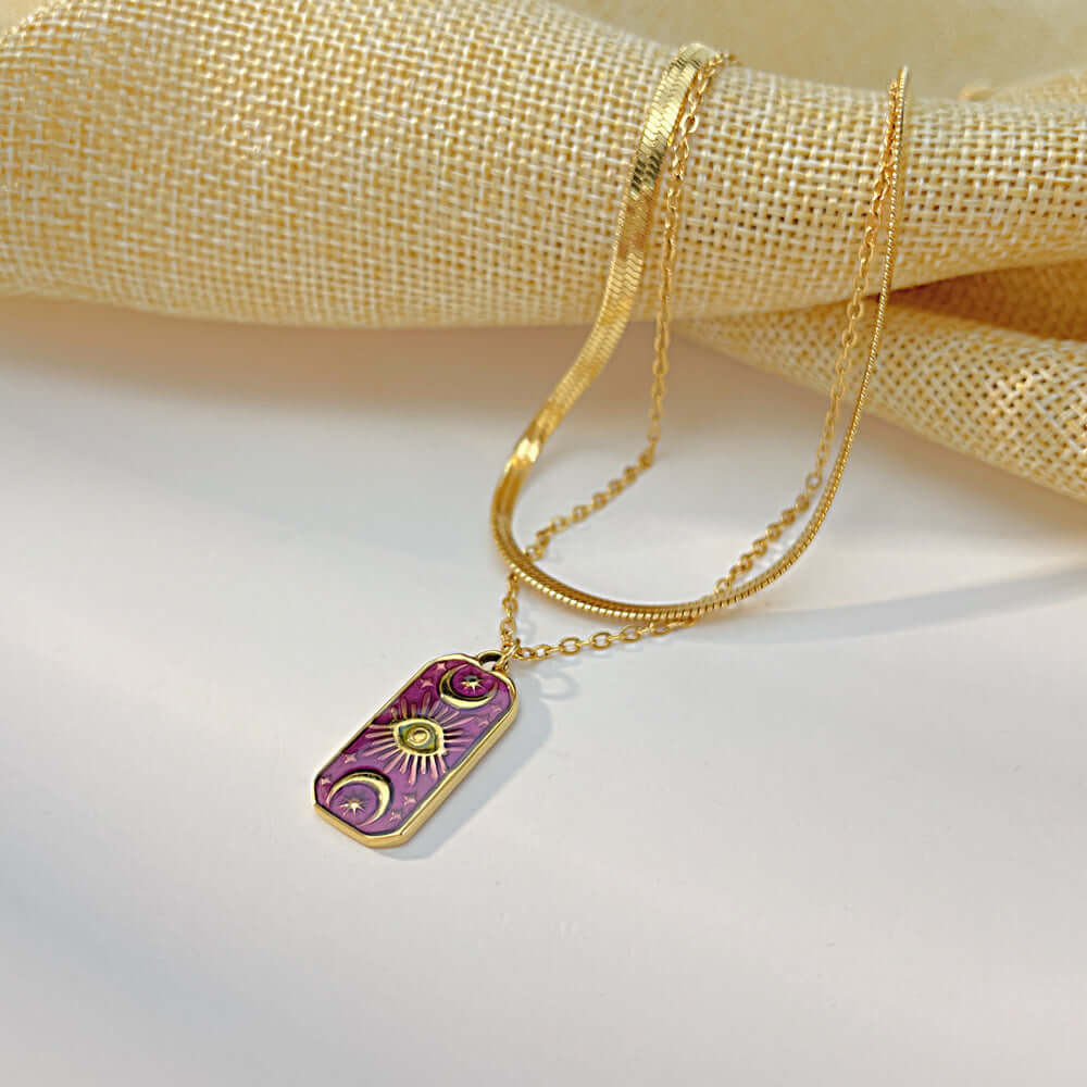 Moon Star Herringbone Pendant Chain Necklace - 18K Gold Plated Stainless Steel Jewelry for Women | GX2279 | Perfect for Date Night, Wedding & Everyday Elegance