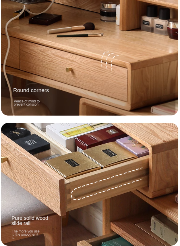 Solid Oak Wood Extendable Vanity Dressing Table with Mirror - Perfect for Bedroom Makeup & Jewelry Storage