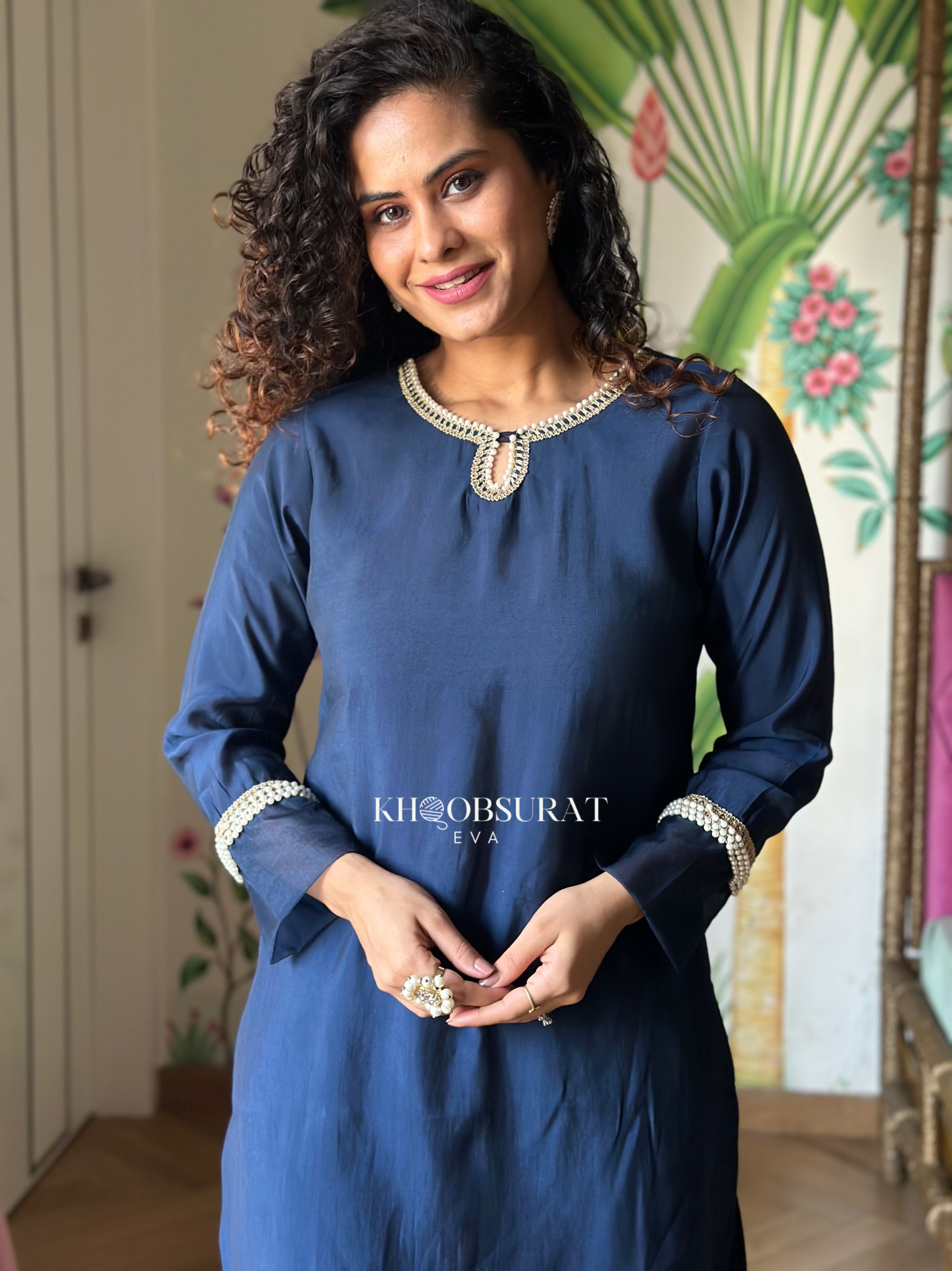 Royal Blue Pearl Embroidered Kurta Set for Women - Elegant Indian Ethnic Wear for Festivals, Weddings & Special Occasions