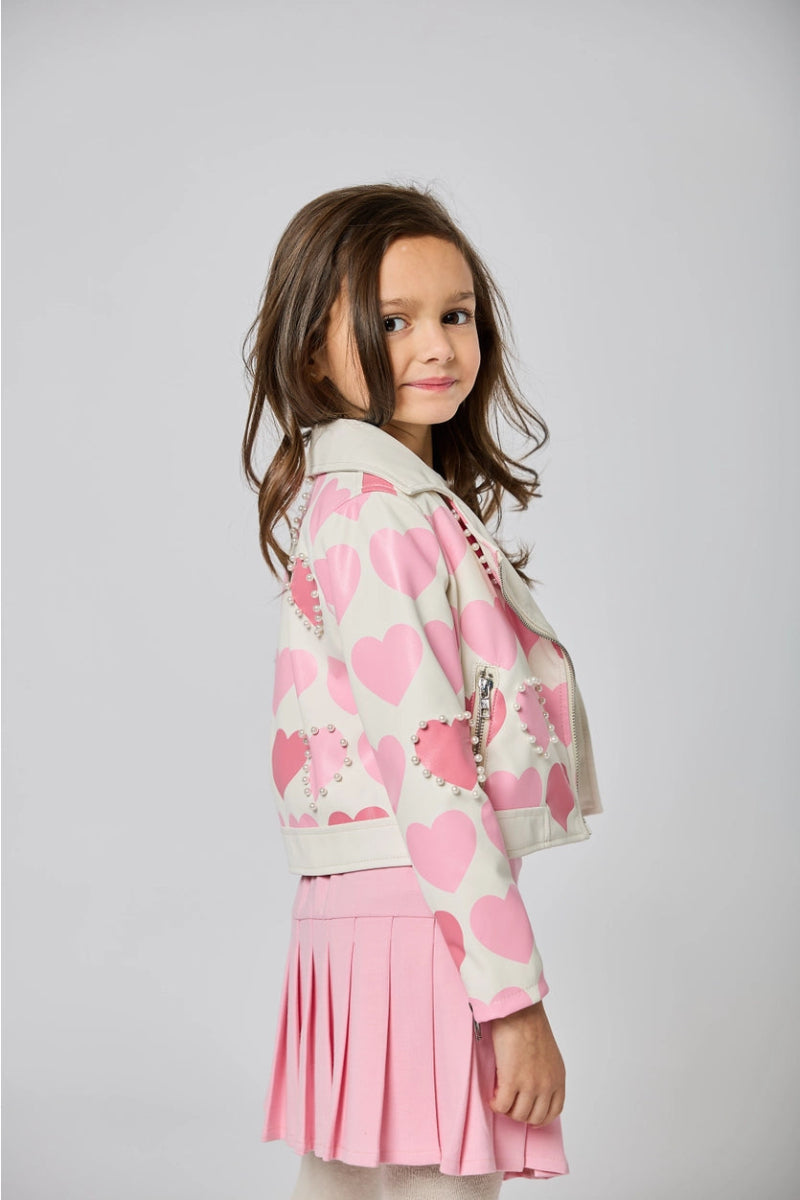 Heart Print Moto Jacket with Pearls - Stylish Women's Biker Jacket for Casual Outfits & Night Out