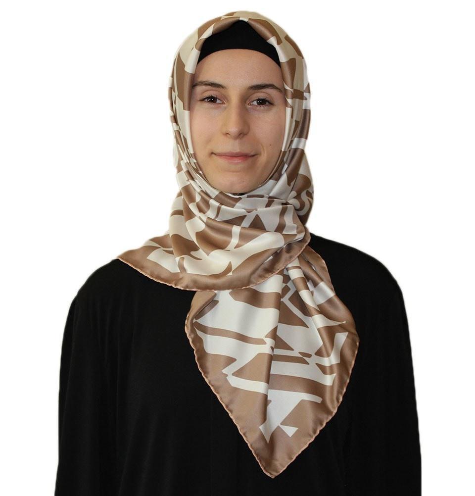 Aker Satin Square Hijab Scarf 6749 932 Beige/White - Soft Muslim Headscarf for Women, Breathable Fashion Hijab for Daily Wear, Prayer, Work & Special Occasions