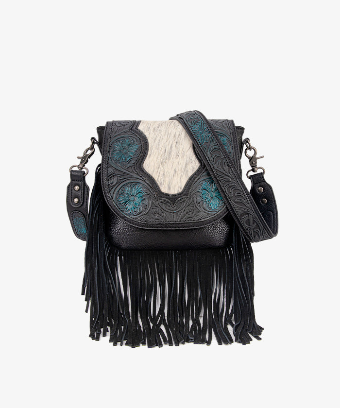 Genuine Hair-On Cowhide Crossbody Bag with Tooled Fringe - Trinity Ranch Western Style Purse for Women | Perfect for Rodeo, Country Concerts & Boho Fashion