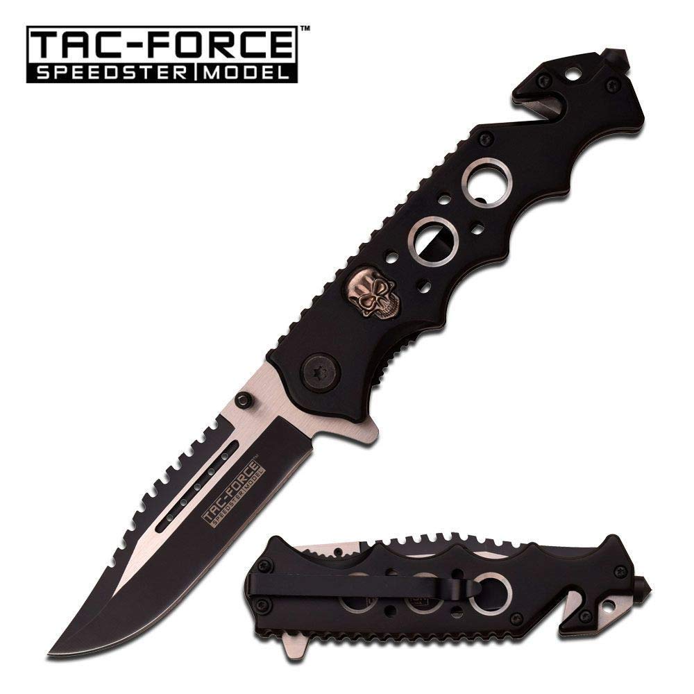 SPRING ASSIST FOLDING POCKET KNIFE - Black Skull Tactical Rescue Knife TF809BK | EDC, Outdoor Survival, Camping & Emergency Tool