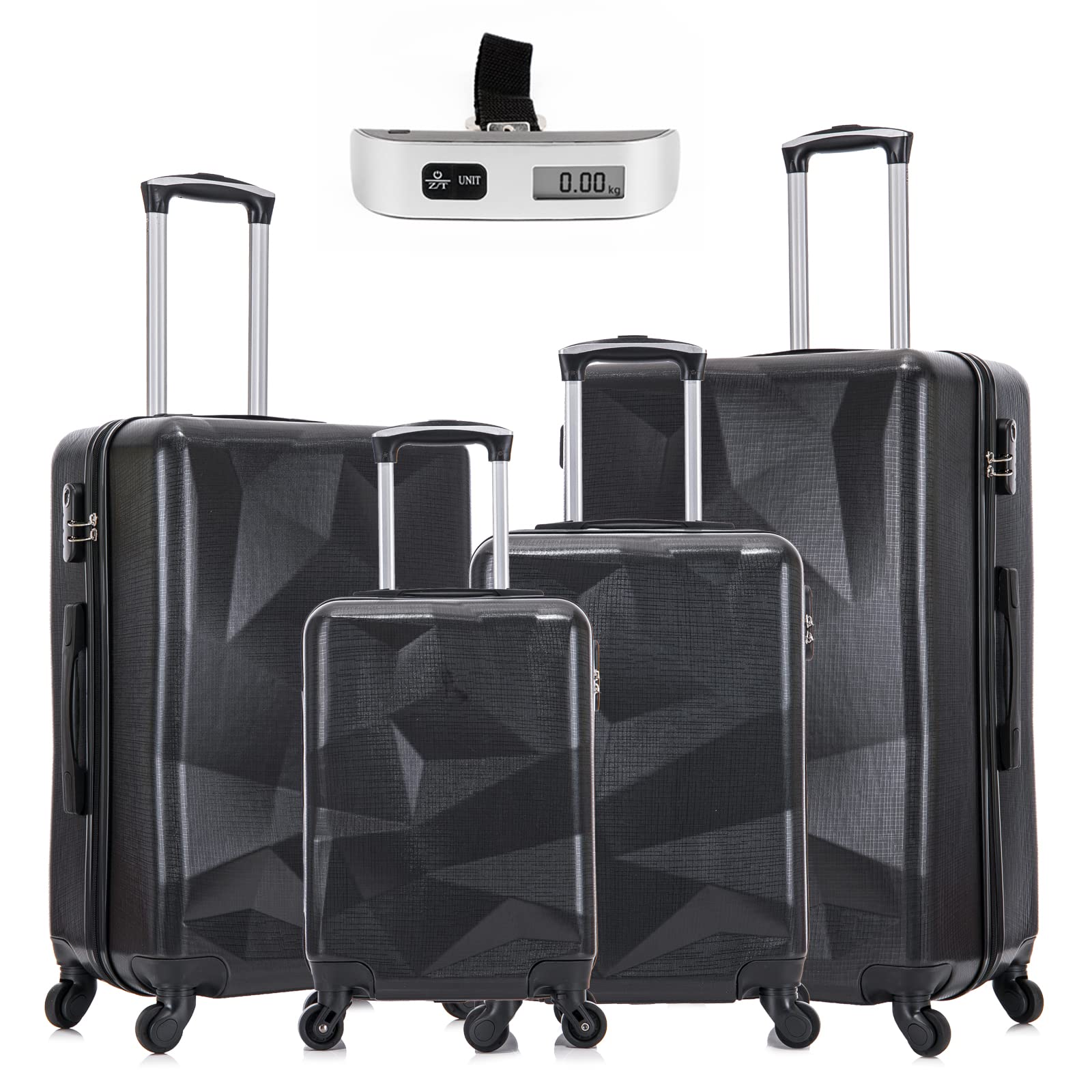 OKAKOPA 4-Piece Hardshell Luggage Set with Spinner Wheels - Lightweight Suitcases & Built-in Luggage Scale (Black) - Perfect for Air Travel, Family Vacations & Business Trips