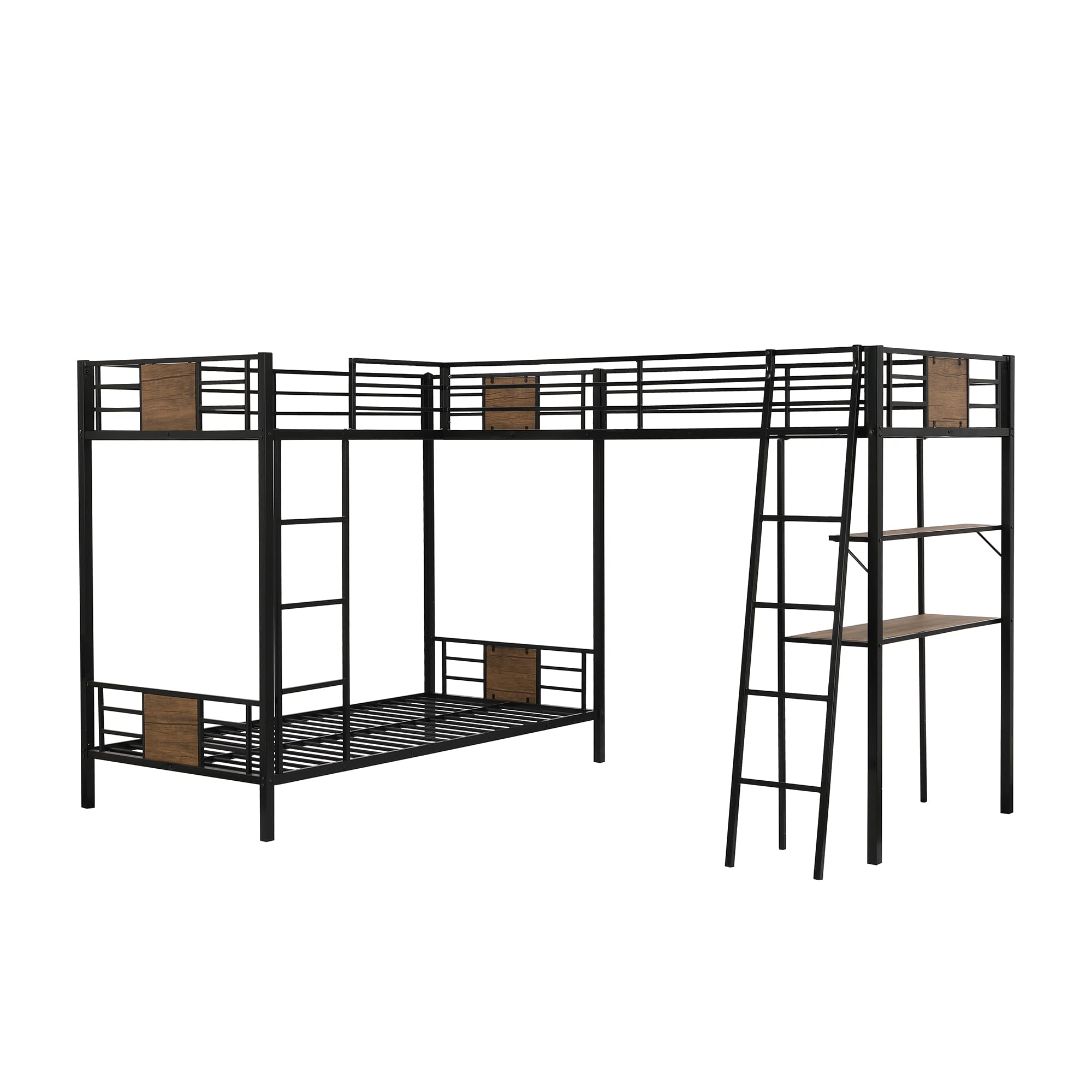 Harper & Bright Designs Metal Triple Bunk Bed with Desk - L-Shaped Twin Bunk Bed & High Loft Bed with Storage Shelves | Space-Saving 3-in-1 Bunk Bed for Kids & Teens (Boys & Girls) in Brown | Perfect for Small Bedrooms, Shared Kids Rooms & Vacation Homes