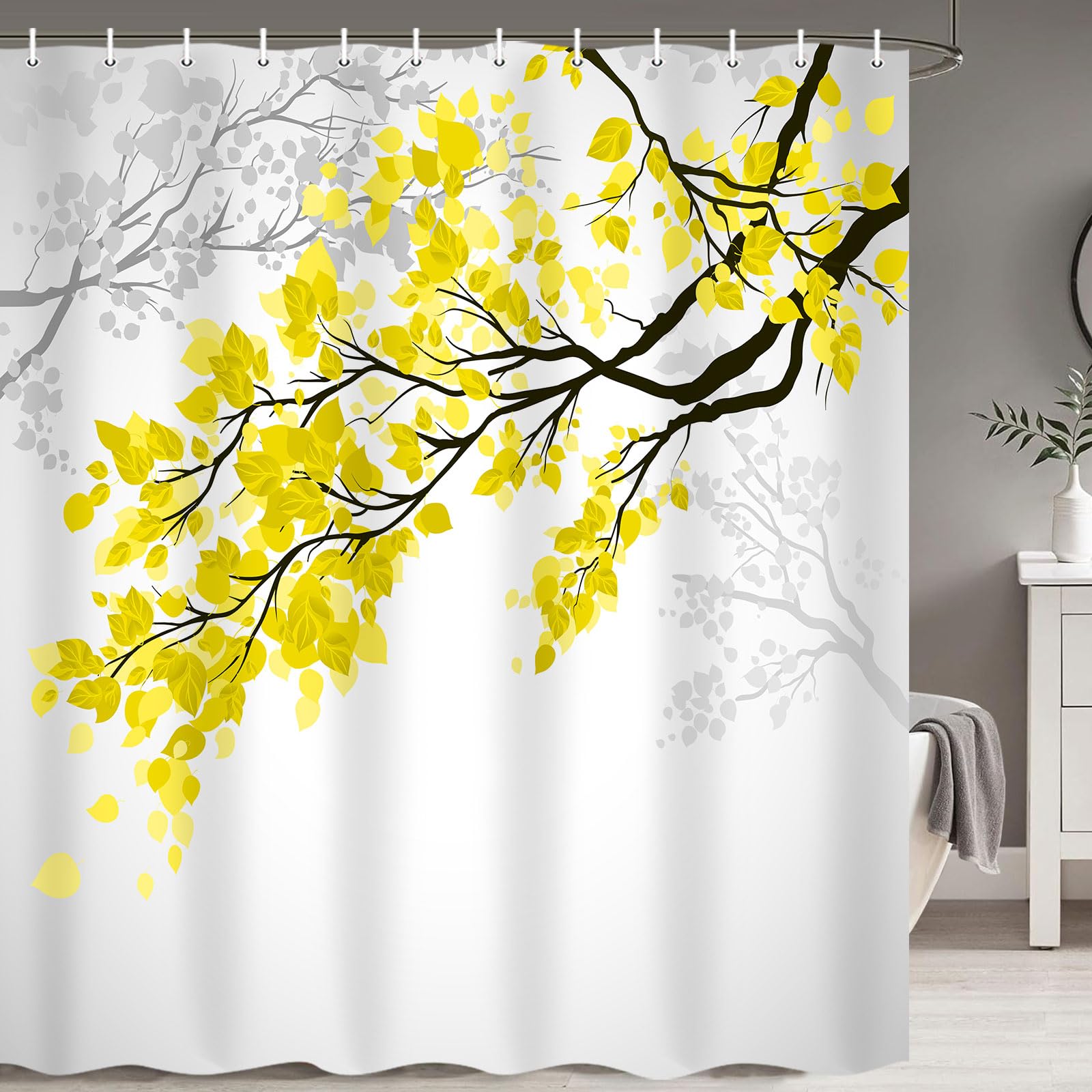 Yellow and Grey Leaf Shower Curtain with Tree Branch Art Print - 69x70 Inch Waterproof Polyester Bathroom Curtain - Includes 12 Hooks - Perfect for Modern, Nature-Inspired Bathroom Decor and Spa-Like Shower Experience