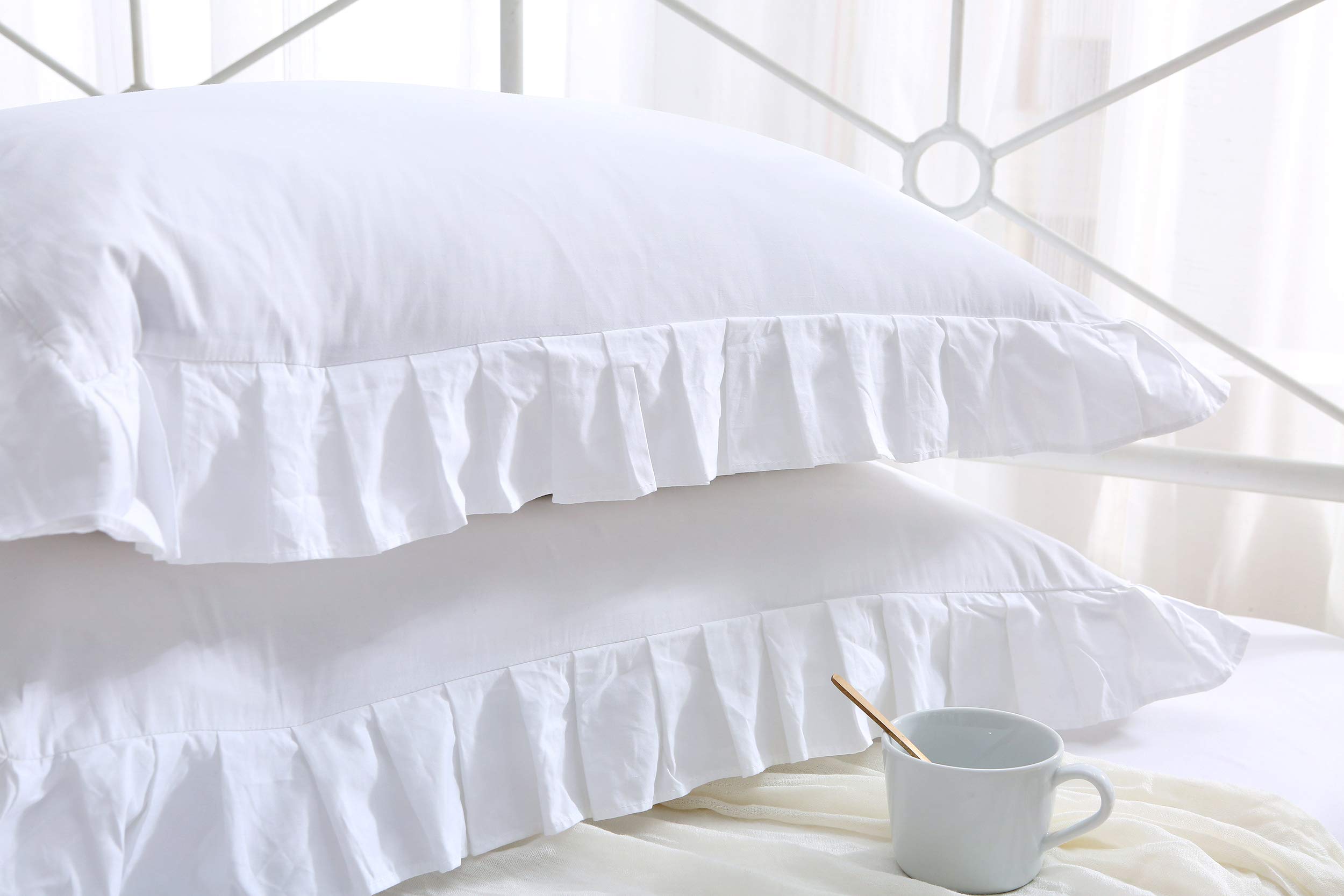 Premium Egyptian Cotton Ruffles Pillowcases - Queen Size 2-Pack (20x30 inches) Soft & Thick White Pillow Shams for Bedroom Luxury & Hotel Style Comfort
