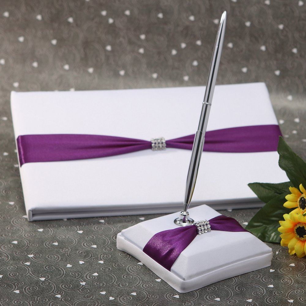 Elegant Purple Knot Wedding Guest Book Set with Rhinestone Decor and Pen - Perfect for Bridal Showers, Receptions, and Anniversary Celebrations