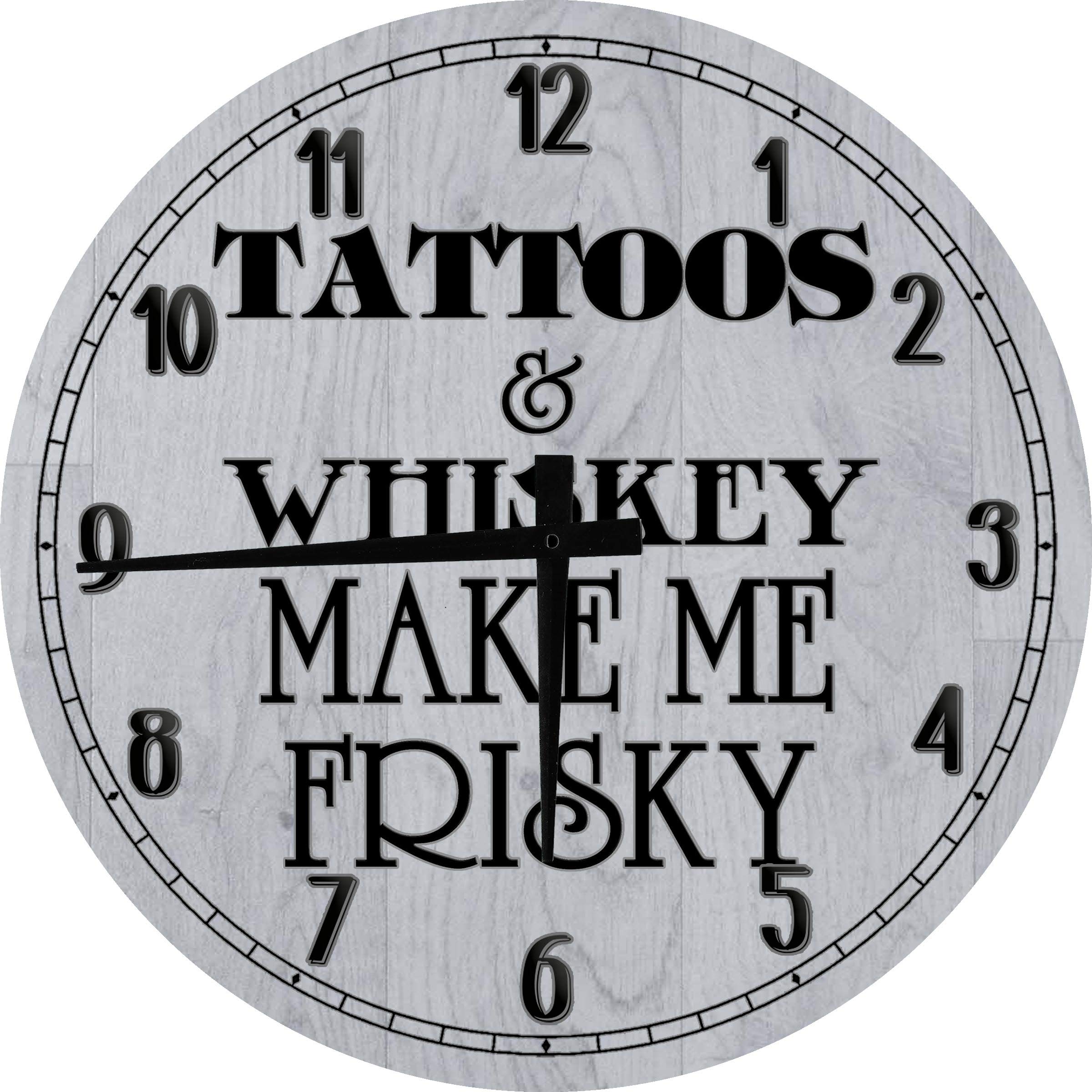 Vintage Whiskey & Tattoo Themed 12 Inch Round Wood Wall Clock - Bar Decor, Man Cave Gift, Home Office Art (Gray) - Perfect for Pub, Basement & Retro Style Interior Design