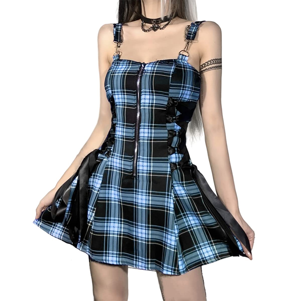Gothic Plaid Mini Dress for Women - Blue Mall Goth Skater Dress with Spaghetti Straps | Plus Size A-Line Emo Alt Dress | Perfect for Concerts, Parties & Alternative Fashion