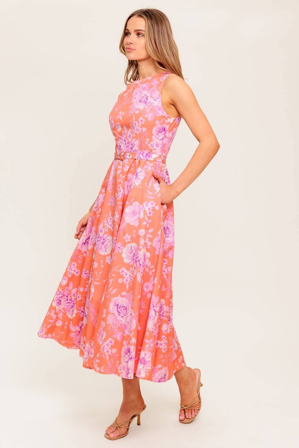 Coastline Stroll Midi Dress with Pockets - Coral Floral Print Summer Beach Dress for Women | Perfect for Vacations, Weddings & Outdoor Events