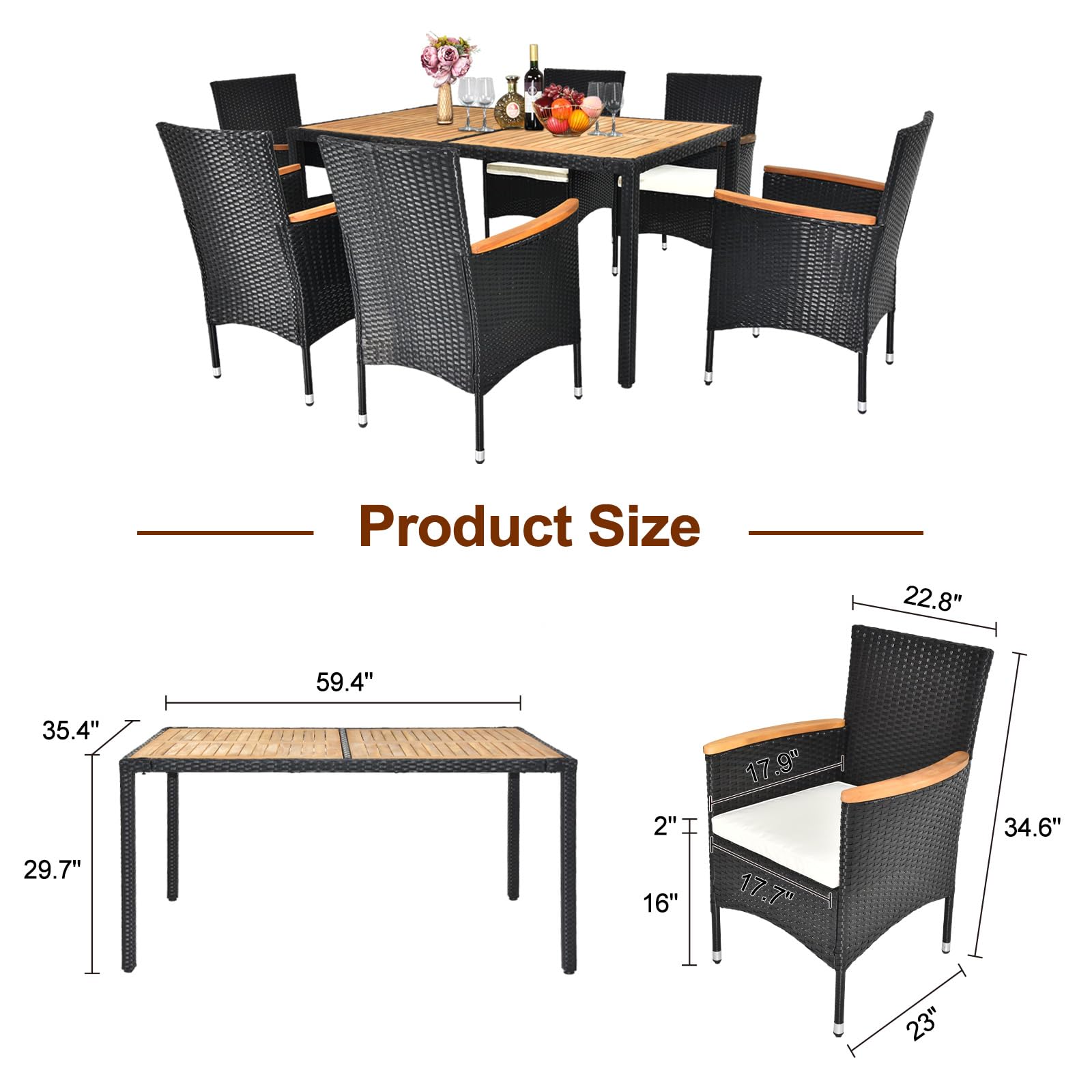 VINGLI 7-Piece Patio Dining Set - Outdoor Wicker Furniture with Acacia Wood Table & 6 Chairs for Garden, Yard, Backyard, and Poolside Entertaining