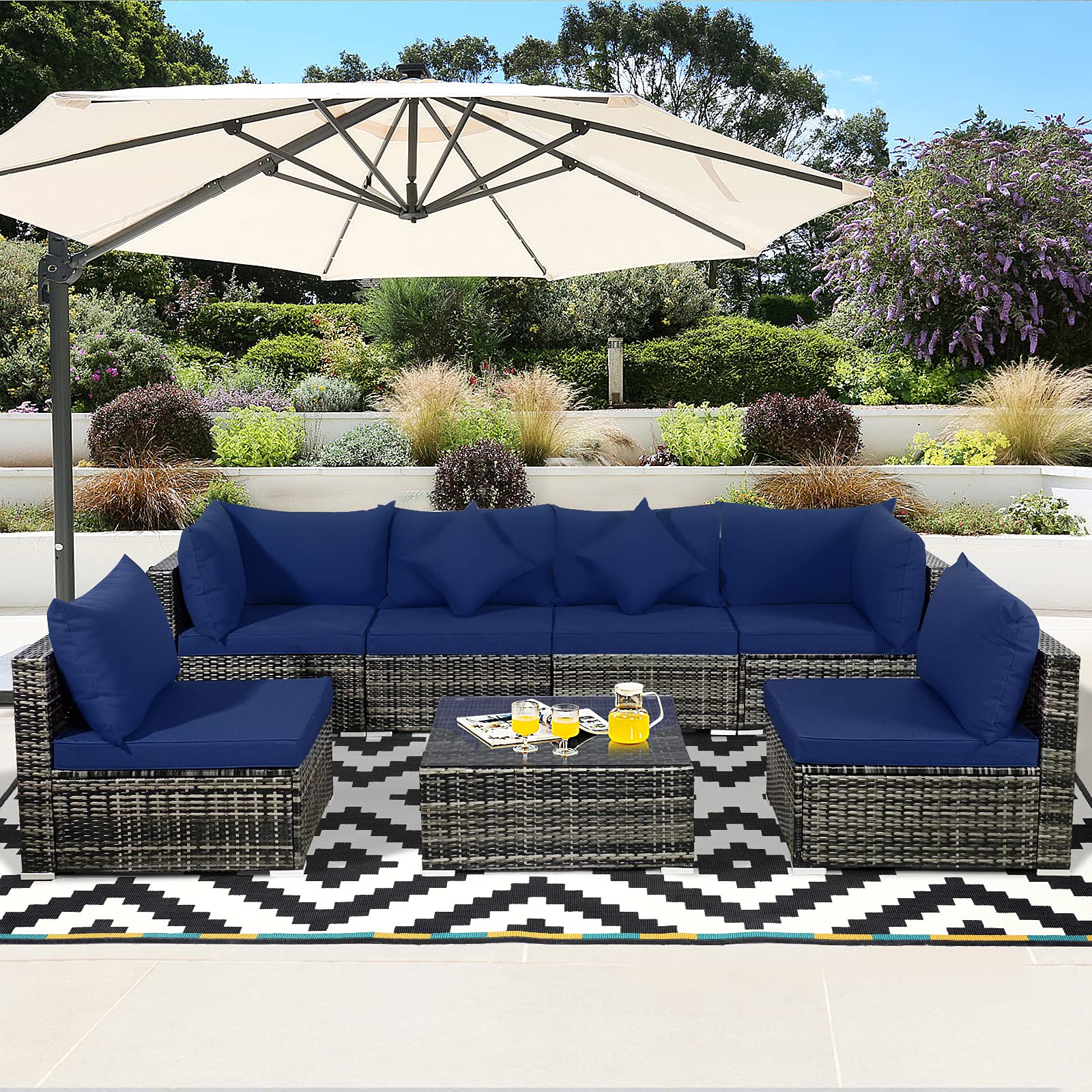 7-Piece Outdoor Patio Furniture Set - All-Weather PE Rattan Sectional Sofa with Cushions & Tempered Glass Coffee Table - Navy Blue Conversation Set for Backyard, Garden, Poolside or Deck Relaxation