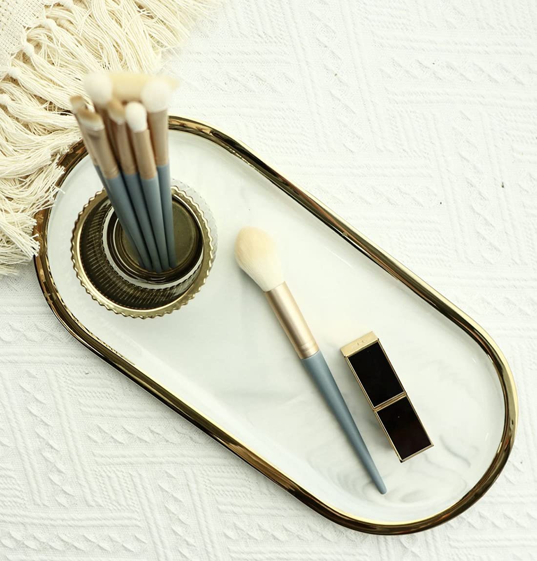 TOPZEA 2 Pack 10 Inch Ceramic Vanity Trays - Elegant Marble Oval Bathroom Organizer with Gold Trim for Jewelry, Perfume & Soap | Perfect for Sink Countertop, Dresser Decor & Candle Holder Display