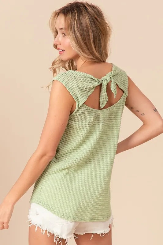 BiBi Popcorn Waffle Open Back Top with Tied Ribbon - Cute Summer Blouse for Women | Perfect for Beach, Date Night & Casual Outfits