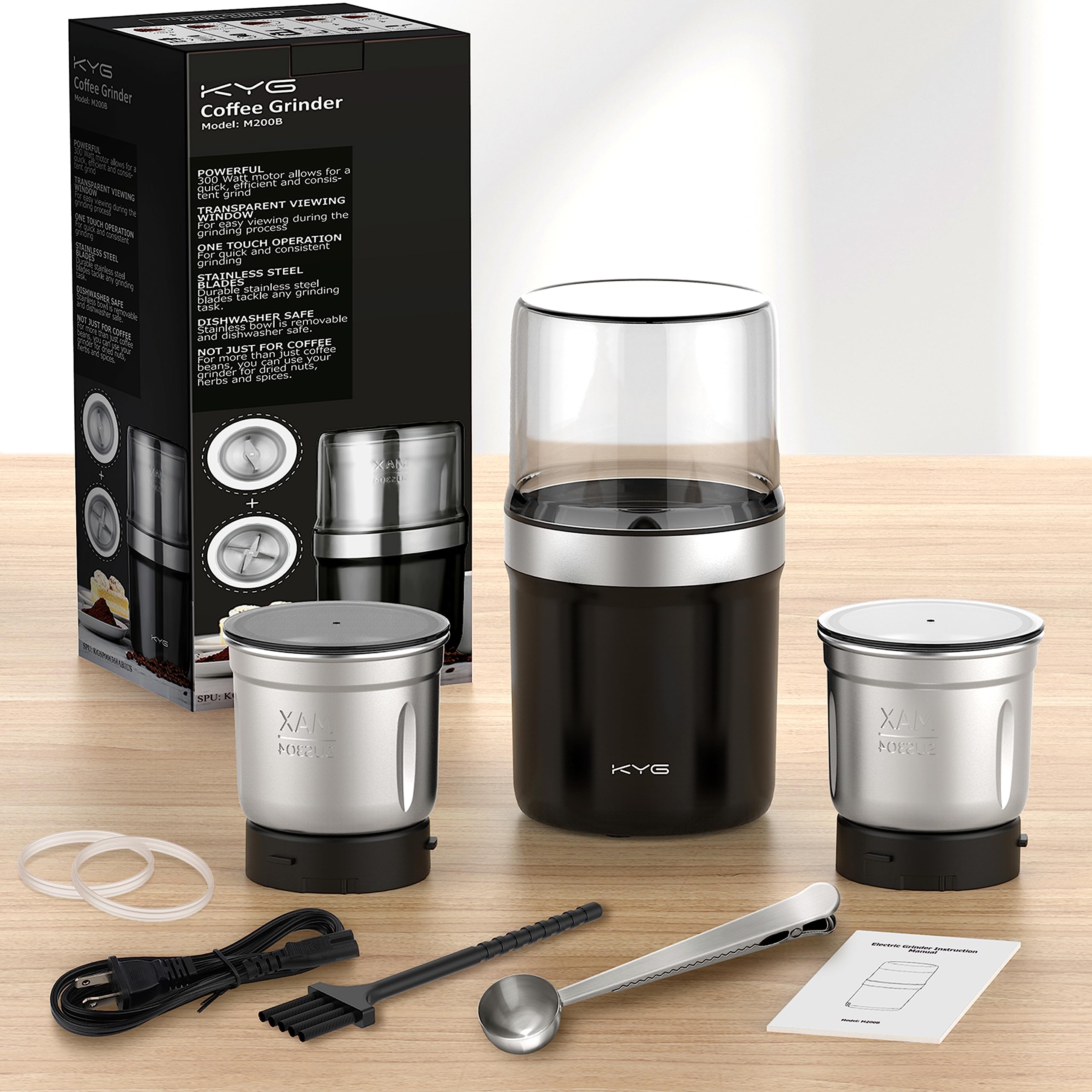 KYG 300W Electric Coffee Grinder - Stainless Steel Blades for Flax Seeds, Peppercorns, Spices & Coffee Beans, 2 Removable Bowls (Wet/Dry Grinding) - Perfect for Kitchen, Camping & Home Brewing