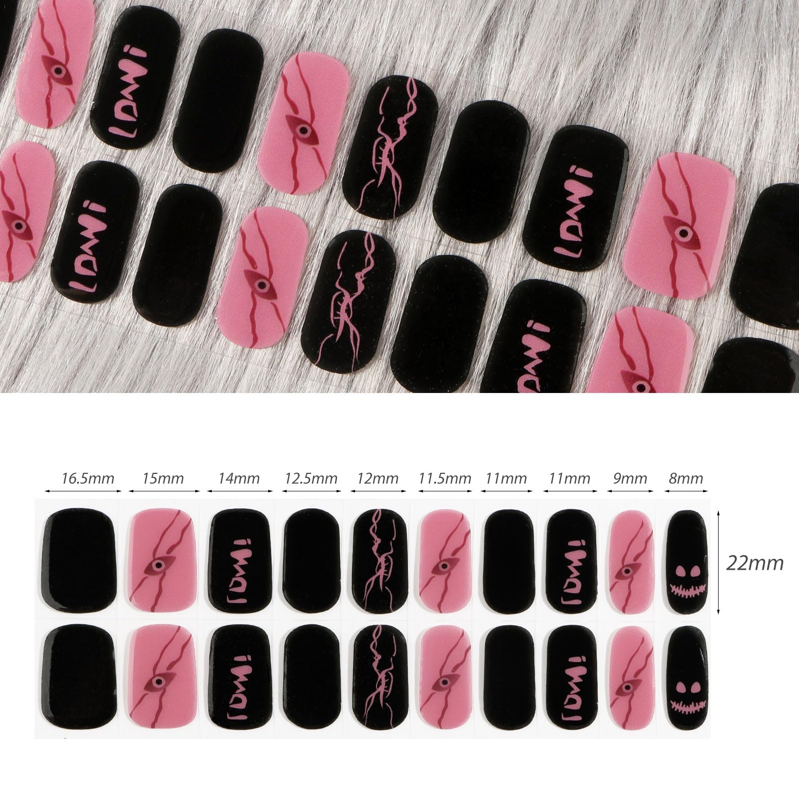 20pcs Halloween Semi Cured Gel Nail Strips - Black & Pink Nail Art Stickers, Full Nail Wraps for Women & Girls | Perfect for Halloween Parties, Costume Nails & DIY Manicures
