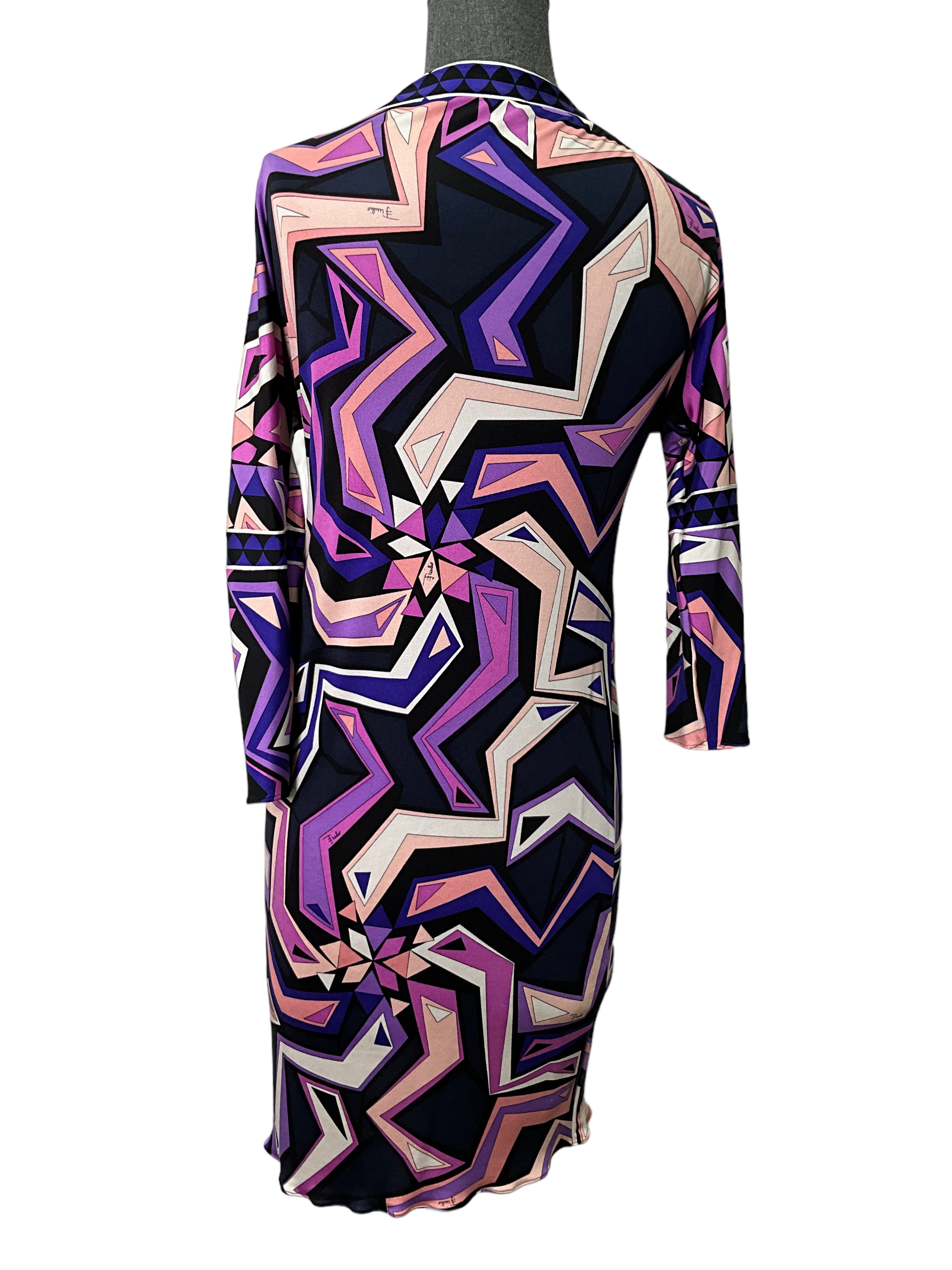 Emilio Pucci Women's 3/4 Sleeve Belted Jersey Dress - Size S, Elegant Floral Print, Stretchy Comfort Fit - Perfect for Cocktail Parties, Date Nights & Special Occasions