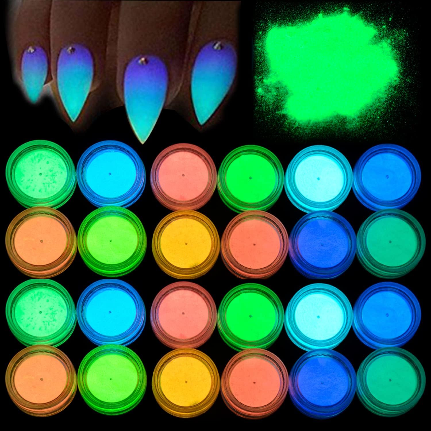 24 Jars Glow in The Dark Powder - 12 Colors Luminous Pigment Powder for Night Fluorescence, Epoxy Resin, Acrylic Painting, Nail Art, Makeup & DIY Crafts - Perfect for Halloween Decor, Party Supplies, and Creative Art Projects