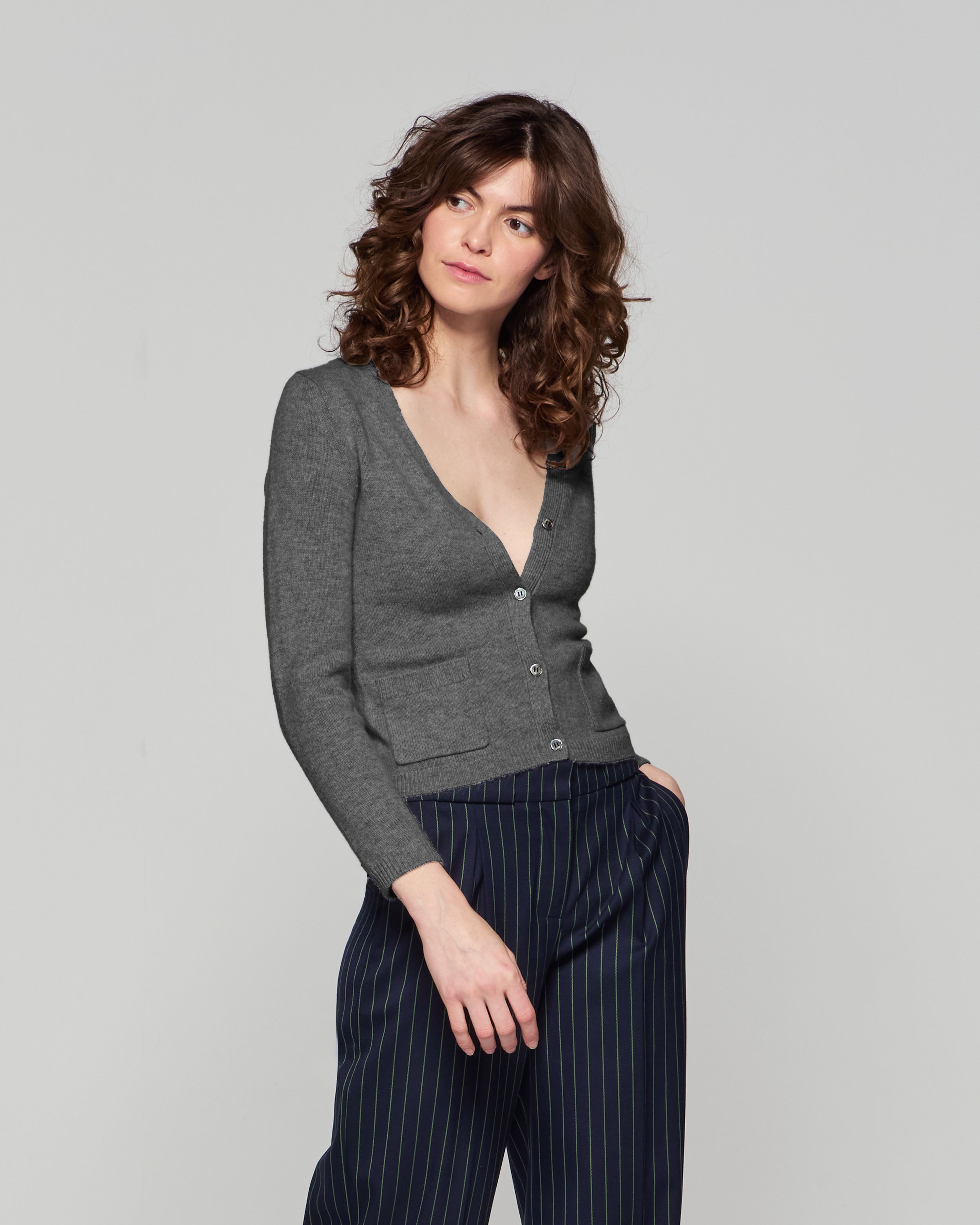 Stylish Grey V-Neck Pocket Cardigan for Women - Cozy Knit Sweater for Casual Wear, Office & Fall Layering