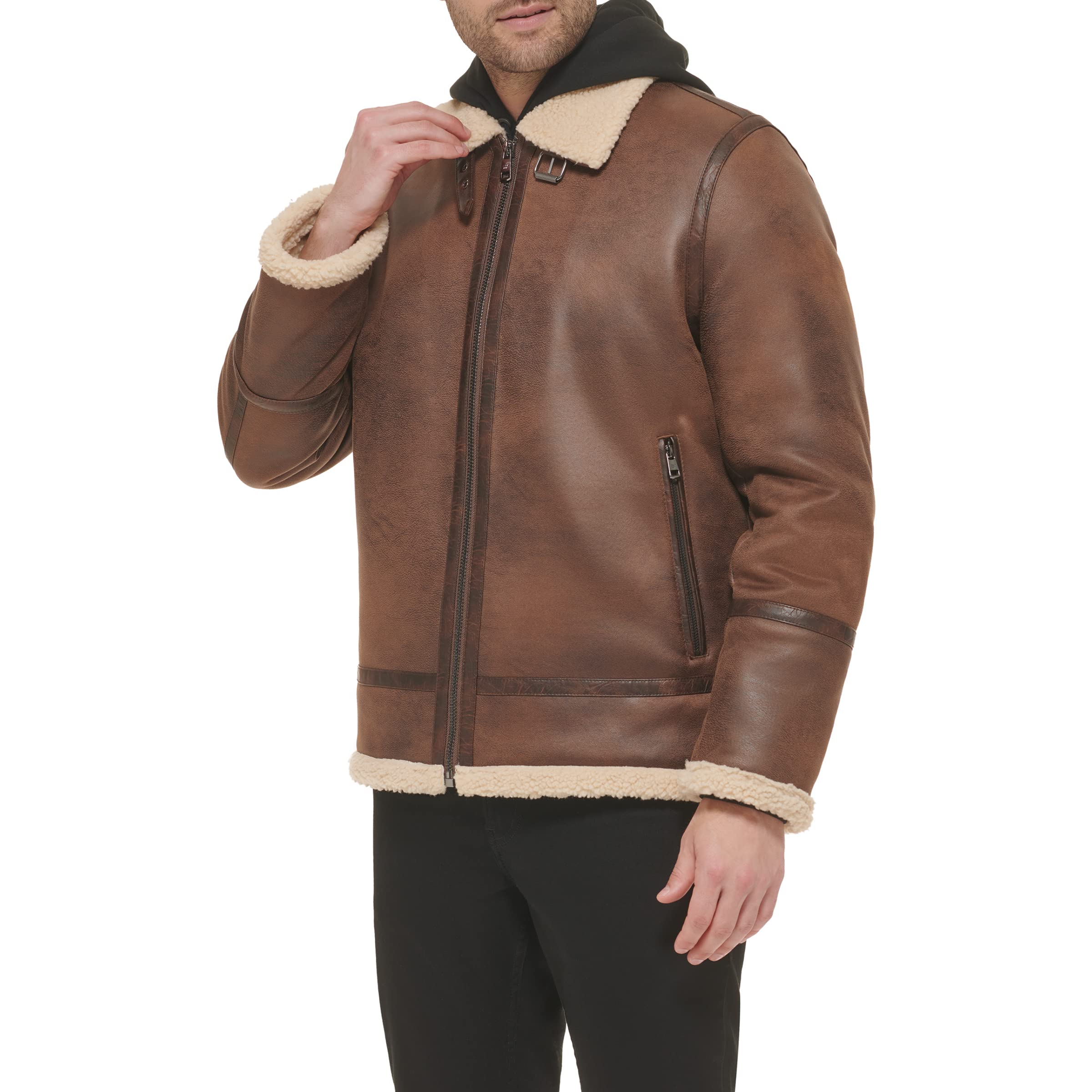 Calvin Klein Men's Faux Leather Bomber Jacket with Warm Shearling Lining - Stylish Winter Outerwear for Casual & Night Out