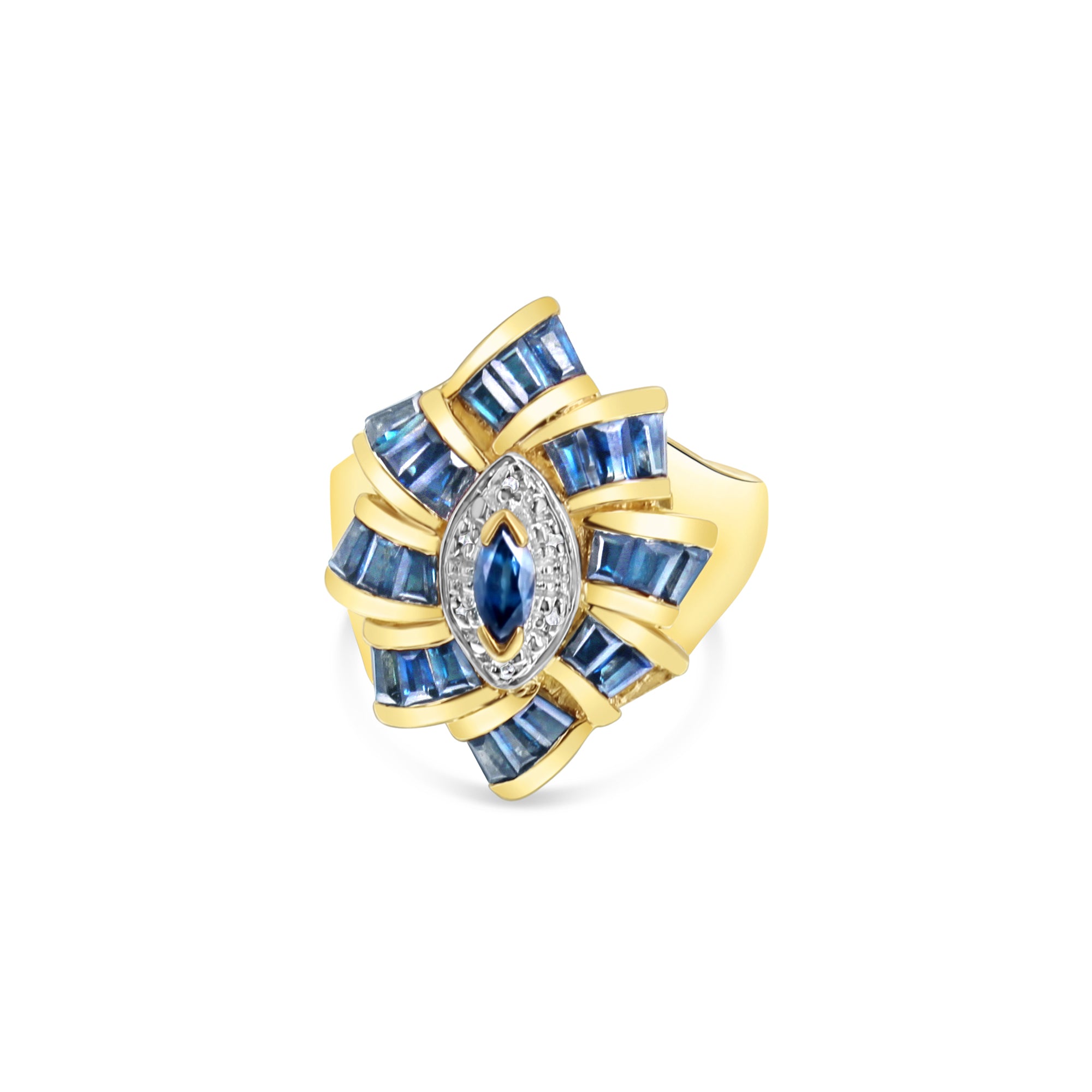 3 Carat Blue Sapphire and Diamond Cocktail Ring in 10K Yellow Gold - Elegant Evening Wear & Special Occasion Jewelry for Women