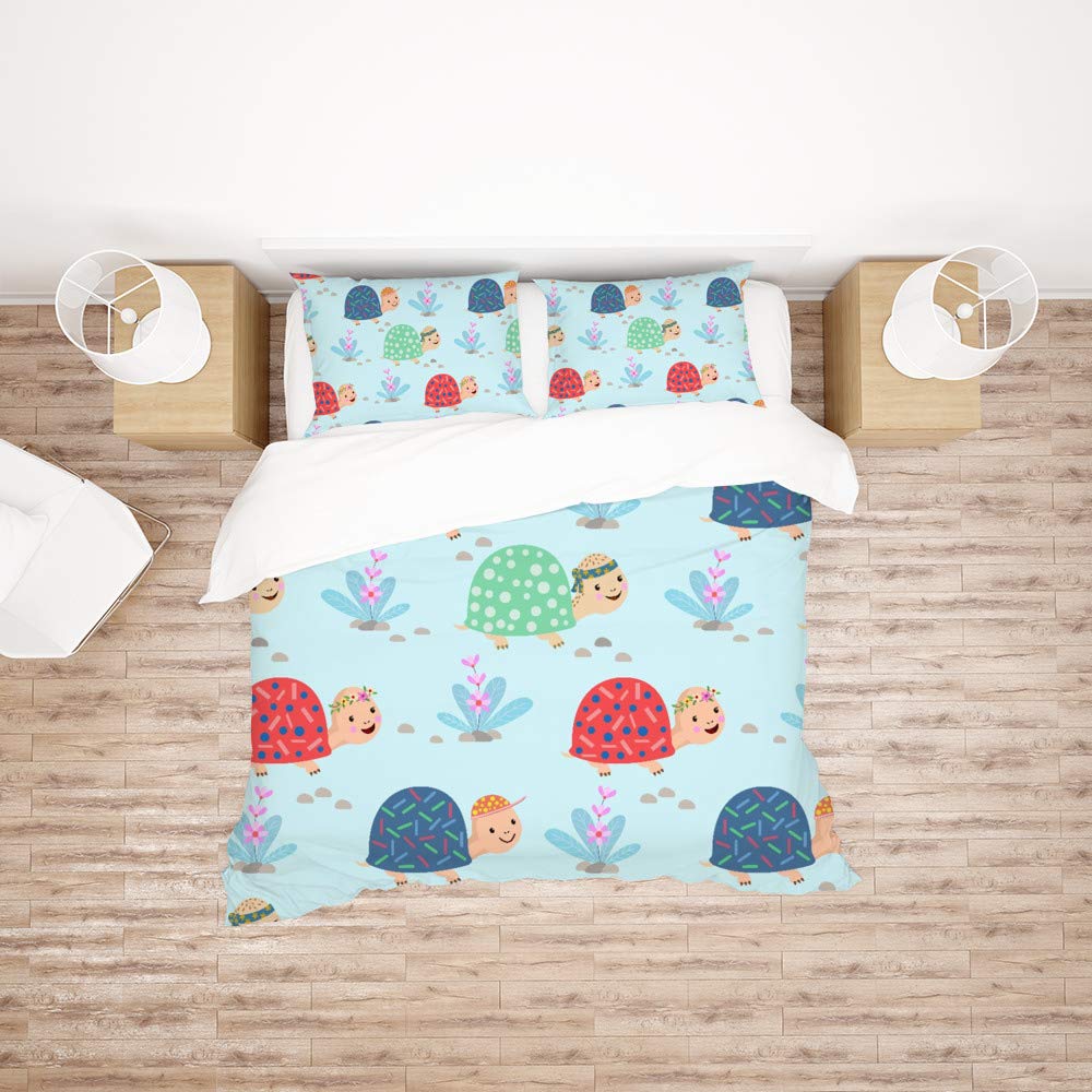 Sea Turtle Cartoon Twin Size Duvet Cover Set - Floral Pattern Blue Bedding with Zipper Closure, Corner Ties & Pillow Sham (2-Piece) | Perfect for Kids' Rooms, Beach Themed Decor & Ocean Lovers