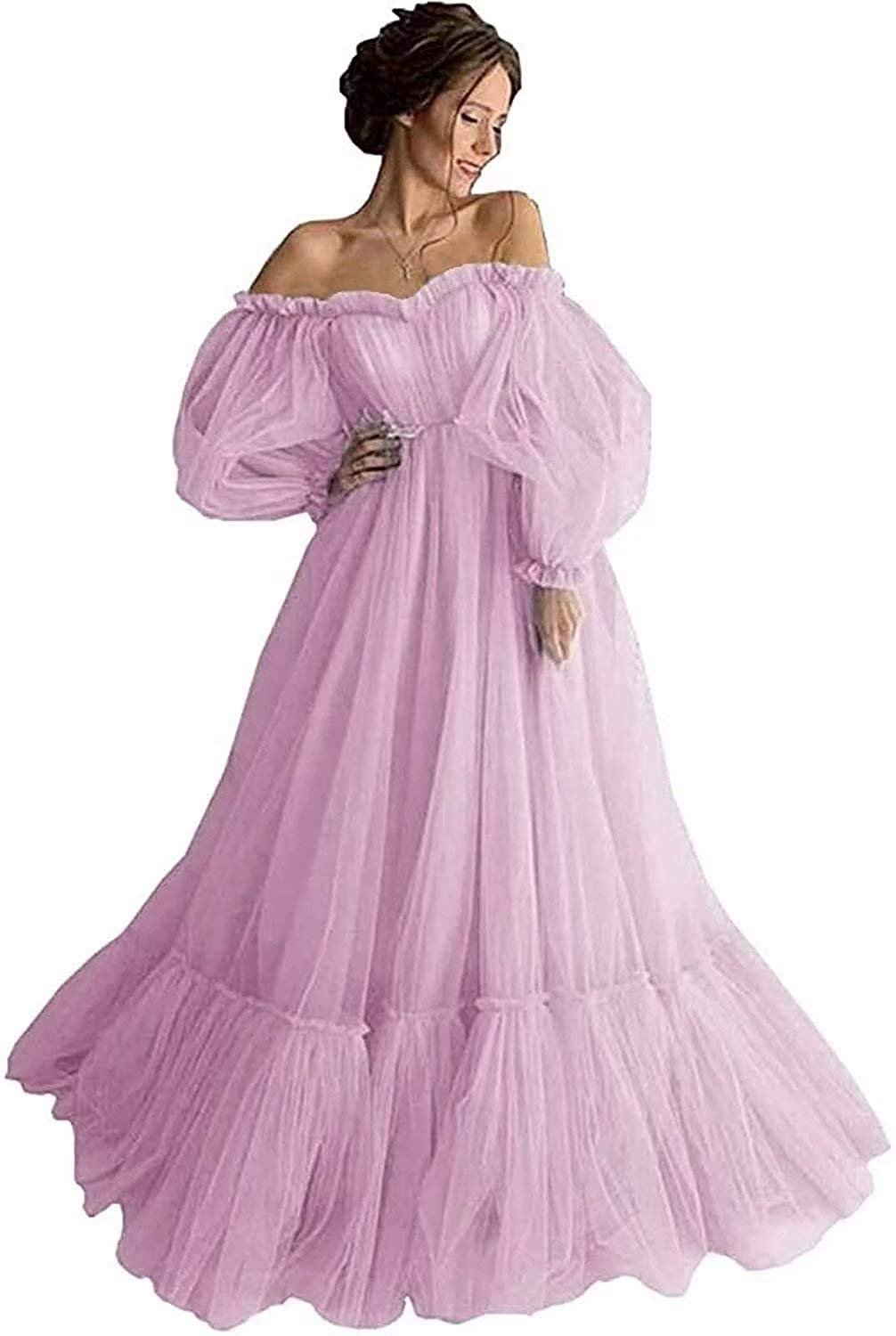 Elegant Off Shoulder Long Ruffle Sweetheart Tulle Ball Gown with Puffy Sleeves - Women's Prom Dress for Formal Events, Weddings & Special Occasions