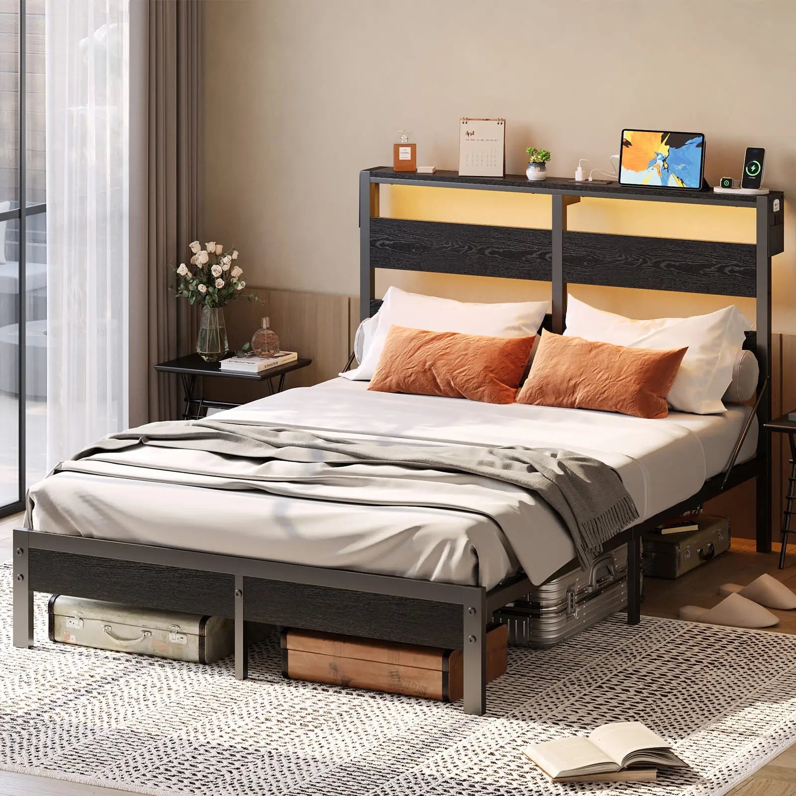 Bestier Queen Bed Frame with Storage Headboard & USB Charging Station - Modern Platform Bed with Underbed Storage for Small Spaces, Bedroom Organization & Phone Charging Convenience