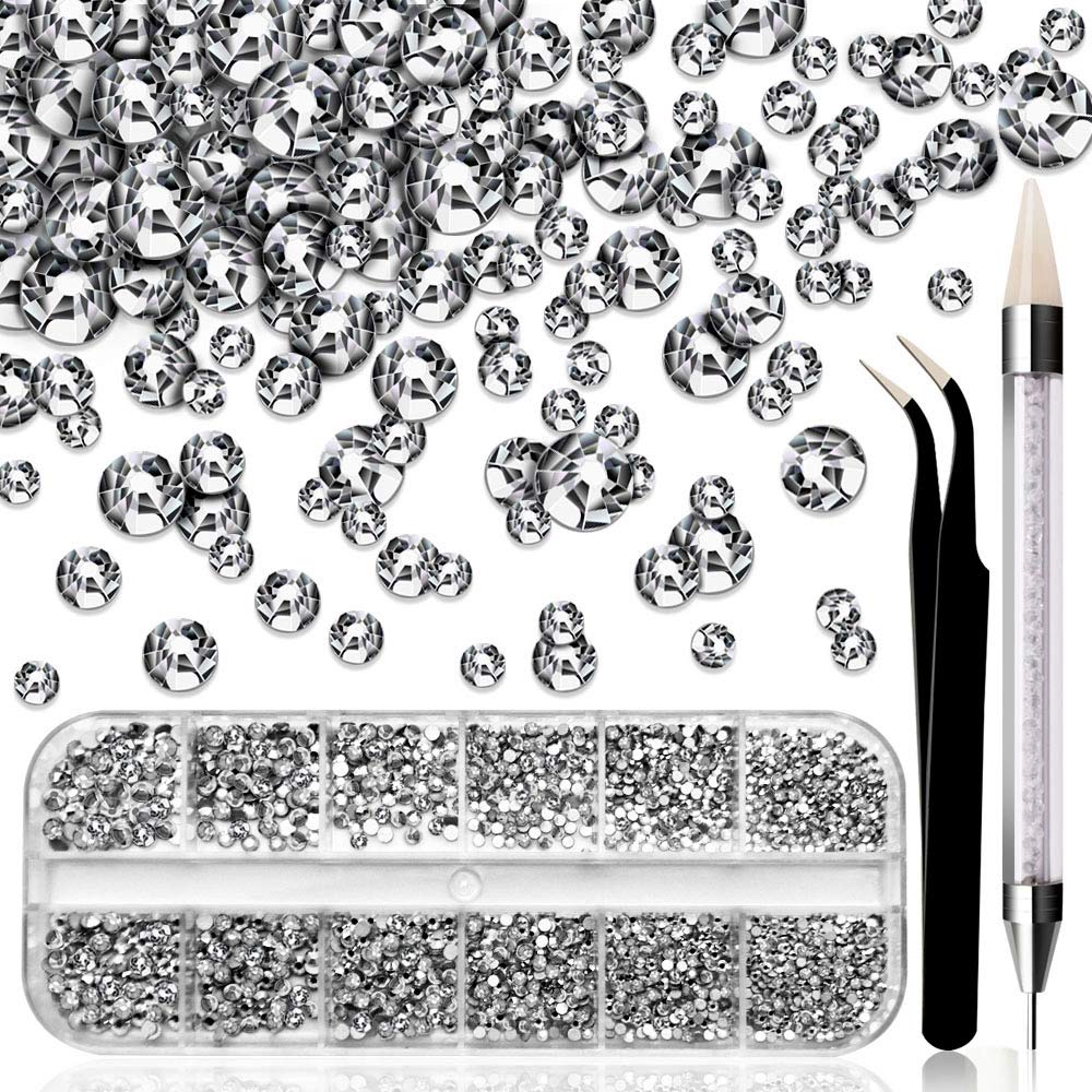 1870Pcs Clear Nail Rhinestones - Flatback Crystal Gems for Nail Art, Eye Makeup & Face Decoration | Premium 3D Glass Diamonds with Wax Pen in Storage Box | Perfect for DIY Nail Designs, Bridal Makeup & Festival Glam Looks