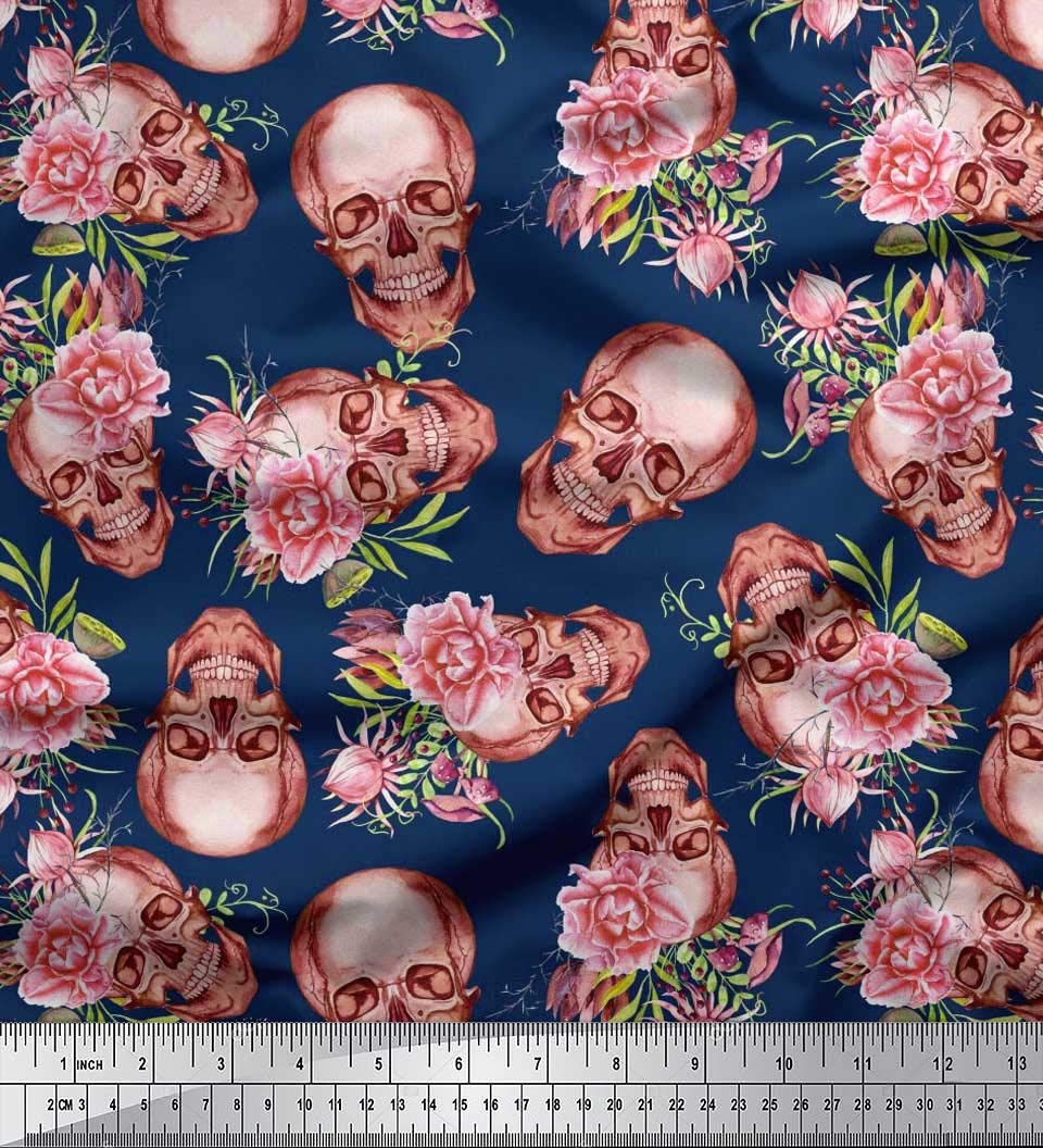 Soimoi Moss Georgette Brown Fabric by The Yard - 42 Inch Wide Skull & Begonia Floral Printed Textile for DIY Fashion, Gothic Clothing, and Home Decor Projects - Edgy Whimsical Fabric for Dresses, Curtains, and Crafting