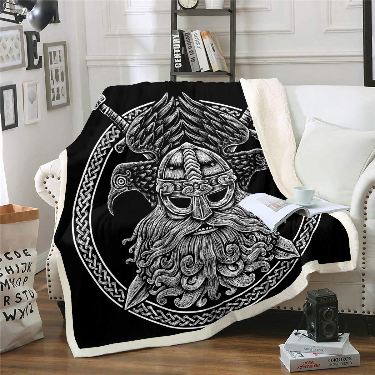 Viking Sherpa Fleece Throw Blanket - King Size 87x95 Inch, Black & White Retro Plush Blanket with Eagle & Spear Design, Soft Fuzzy Scandinavian Style Blanket for Sofa, Bed, Couch - Perfect for Winter Warmth, Home Decor & Cozy Movie Nights