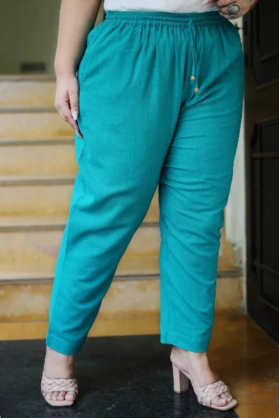 Plus Size Women's Turquoise Cotton Trousers - Comfortable Stretch Pants for Casual Wear, Office & Travel