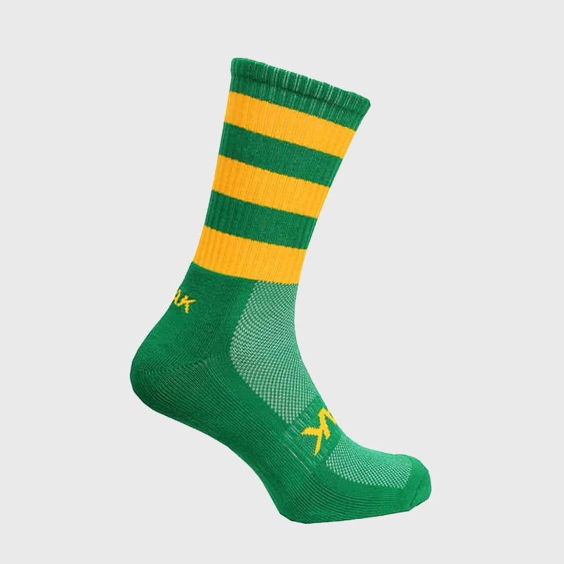 Atak Sports Mid Length Hooped Athletic Socks for Men & Women - Breathable Cushioned Performance Socks for Running, Basketball, Soccer - Green/Gold Stripe Design