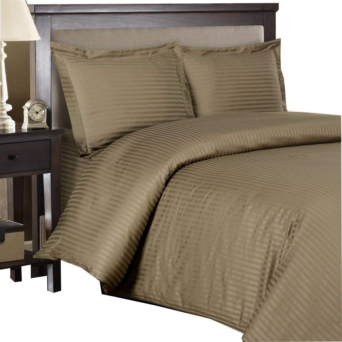 Royal Hotel Bedding 600-Thread-Count 4-Piece Full Bed Sheet Set & 3-Piece Duvet Cover Set - 100% Cotton Sateen Striped Taupe with Deep Pockets - Luxury Soft Bedding for Hotels, Guest Rooms & Home Use