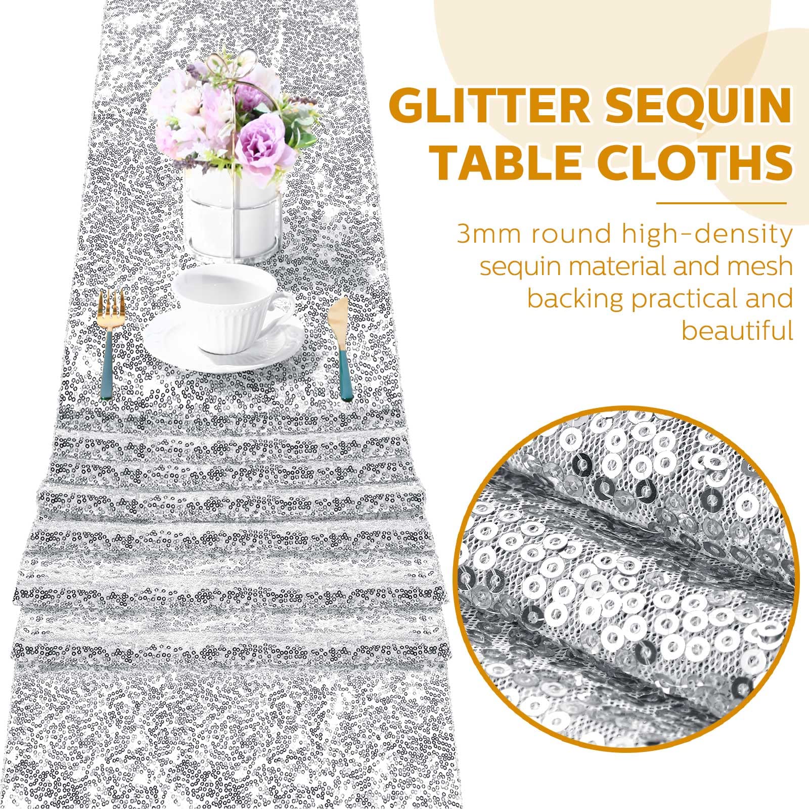 6-Pack 12x108 Inch Silver Sequin Table Runner - Glitter Rectangular Party Tablecloth for Birthday, Wedding, Baby Shower, Bachelorette & Holiday Decorations - Perfect for Dining Tables, Buffets and Event Centerpieces