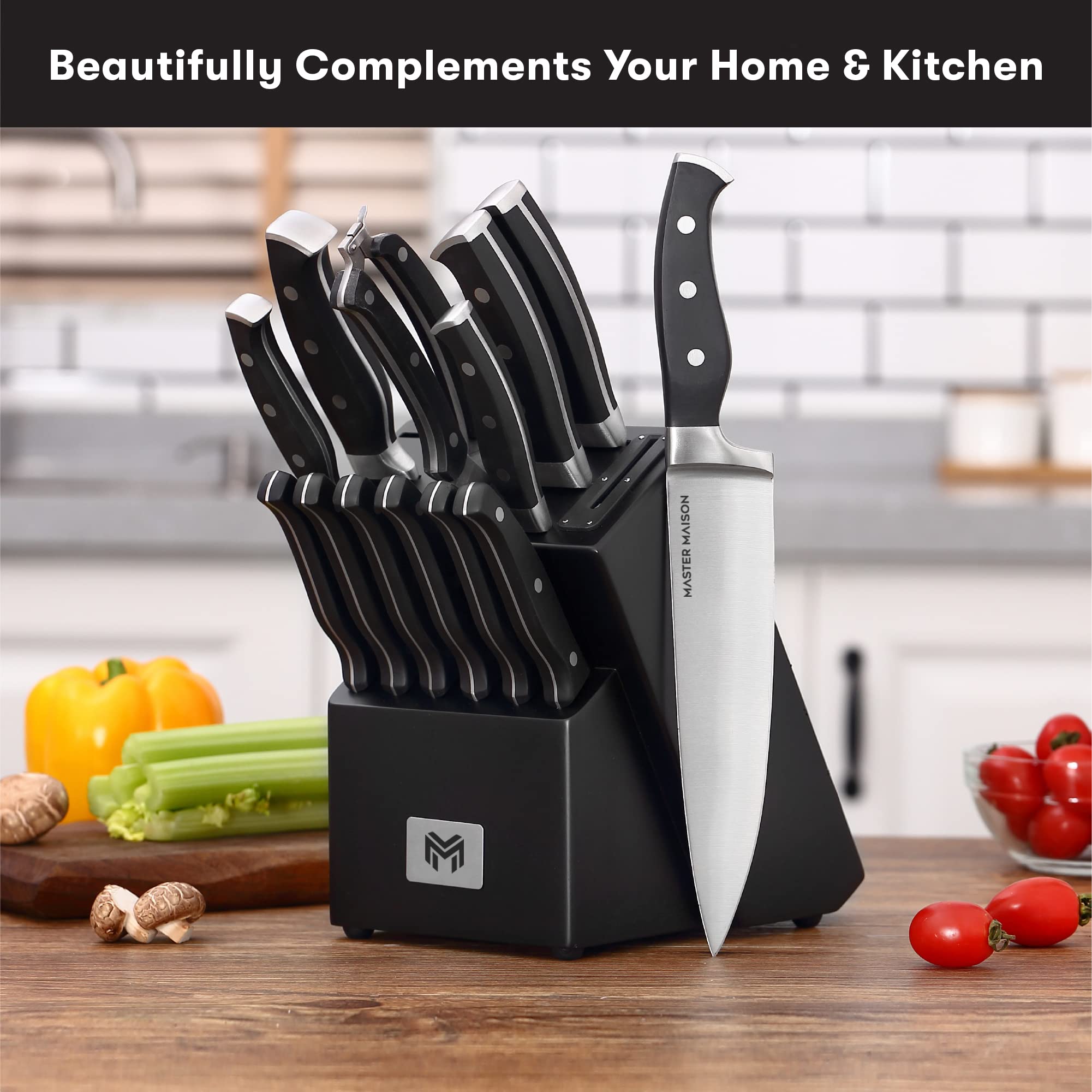 Master Maison 15-Piece Kitchen Knife Set with Wooden Block & Sharpener - Professional Stainless Steel Chef, Utility & Steak Knives for Cooking, Slicing & Food Prep - Perfect for Home Chefs & Culinary Enthusiasts