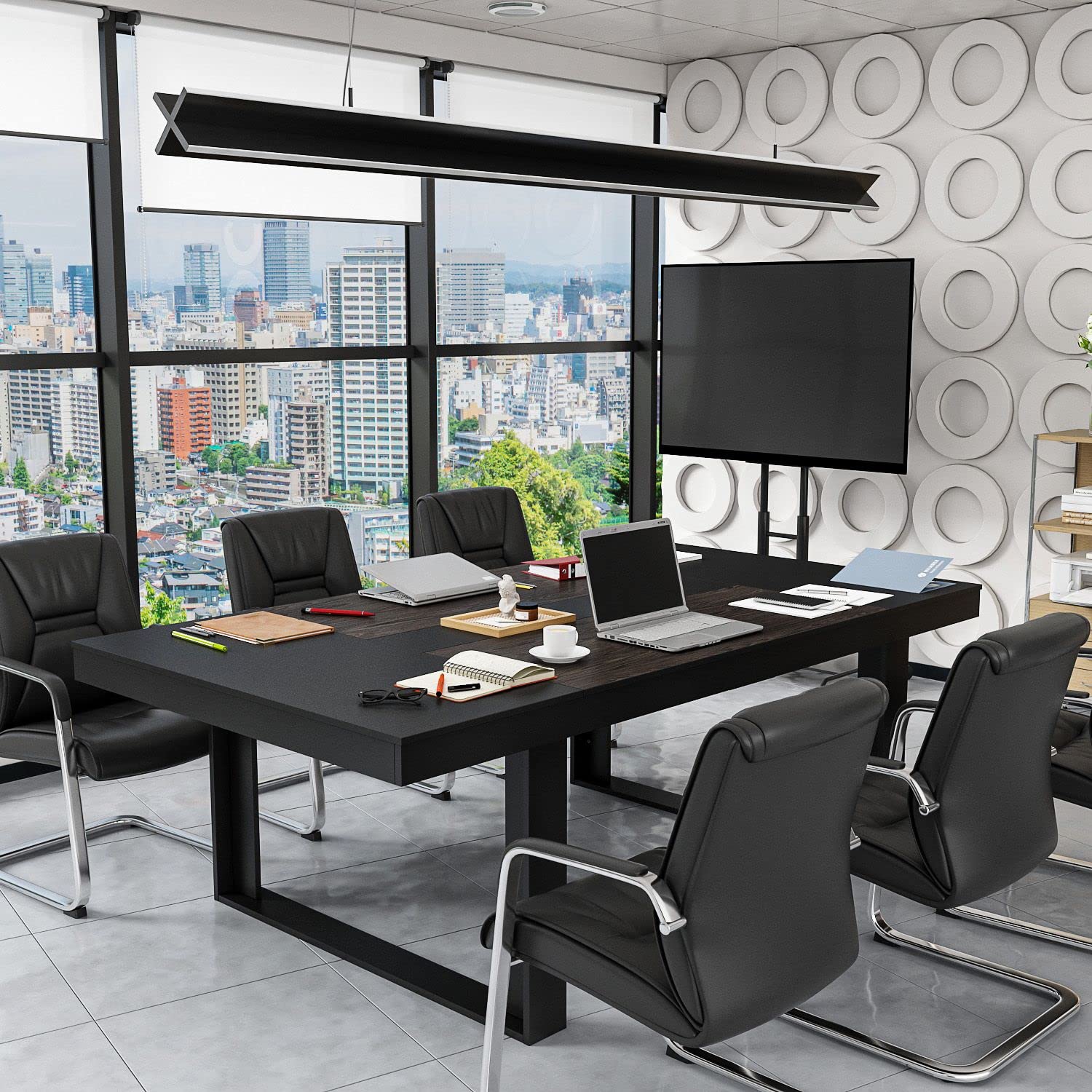 FAMAPY 7.2FT Conference Table - Black Metal Frame with Deep Walnut Top - 86.8